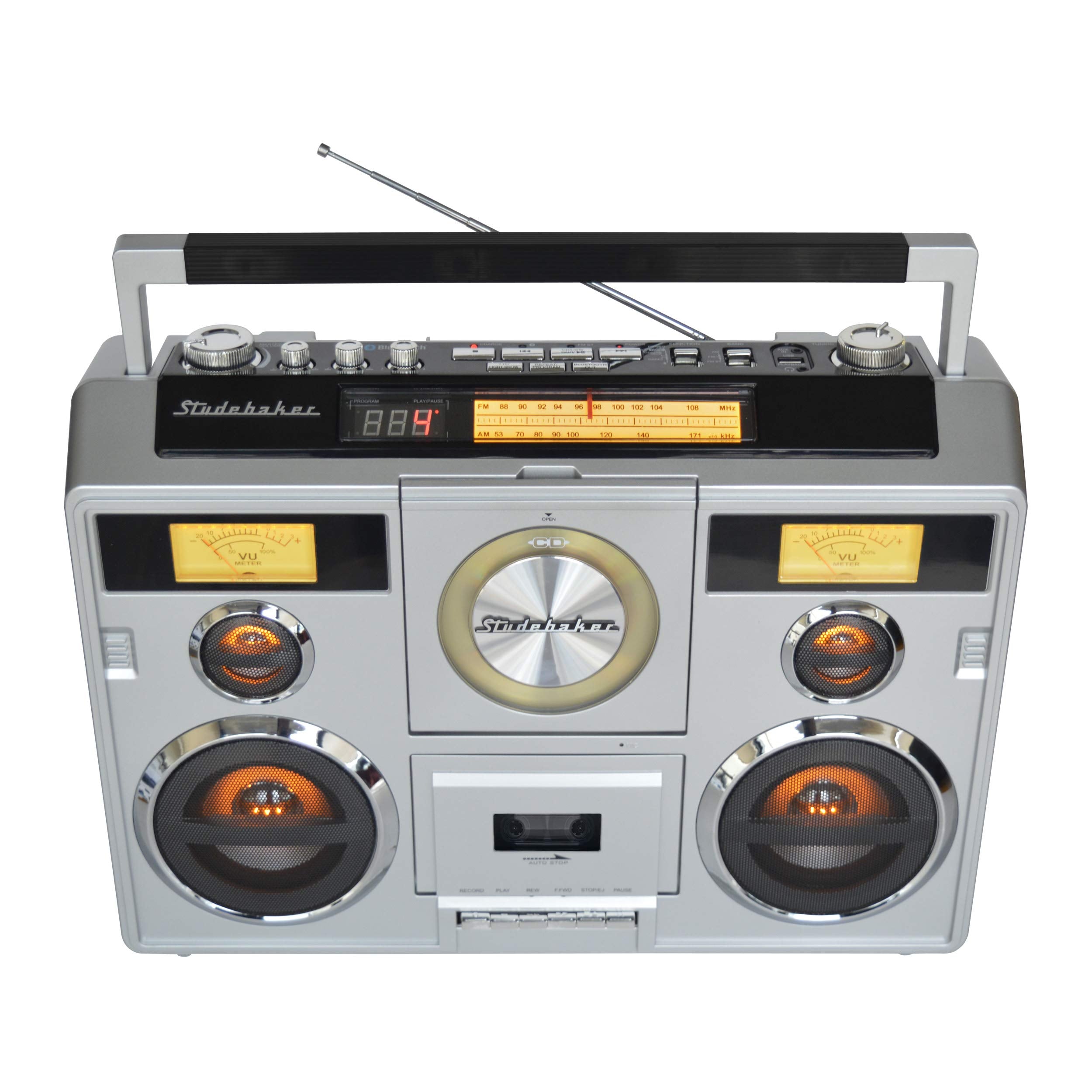 Studebaker Sound Station Portable Stereo Boombox With Bluetooth/Cd/Am-Fm Radio/Cassette Recorder (Silver)