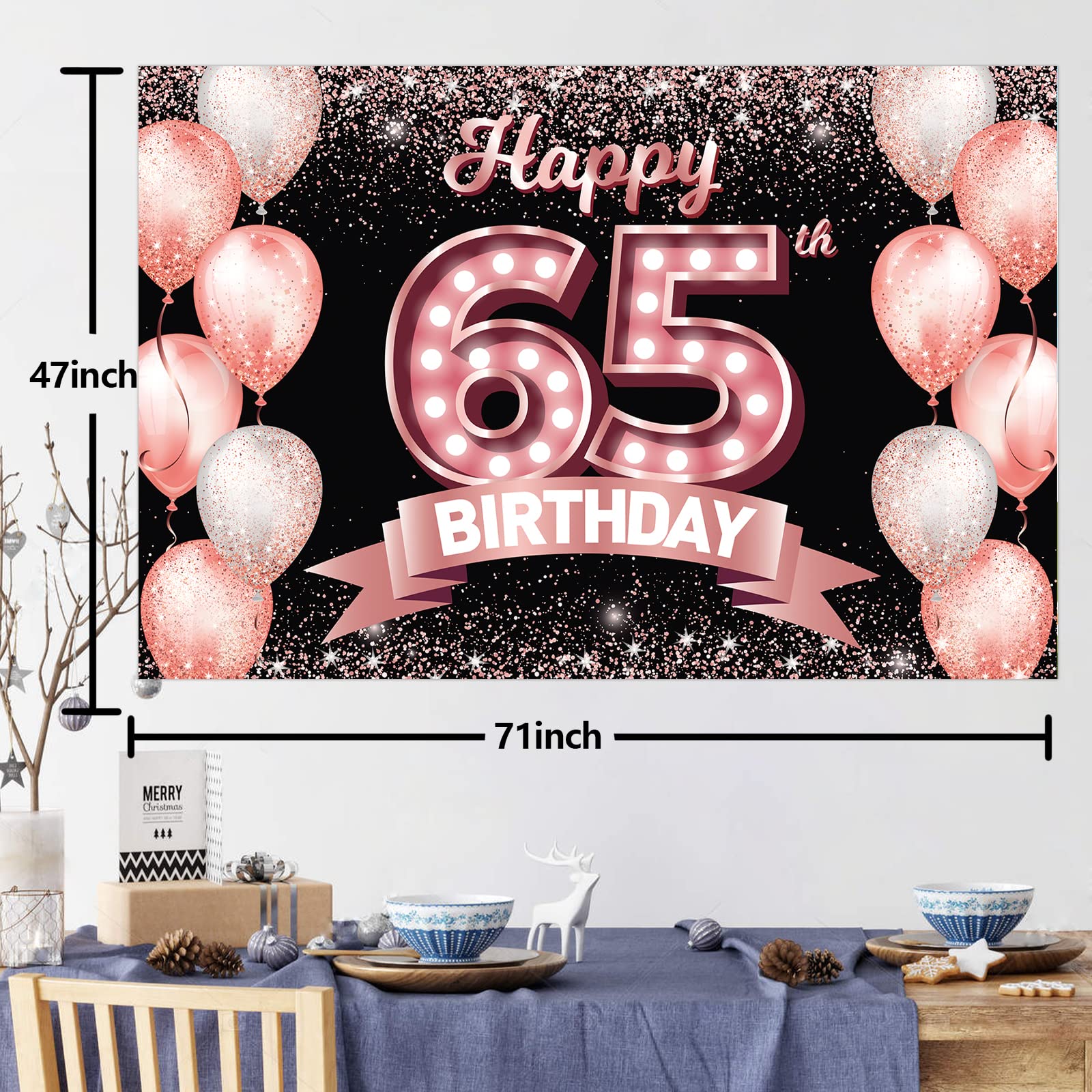 Happy 65Th Birthday Rose Gold Banner Backdrop Cheers To 65 Years Old Confetti Balloons Theme Decor Decorations For Women 65 Year