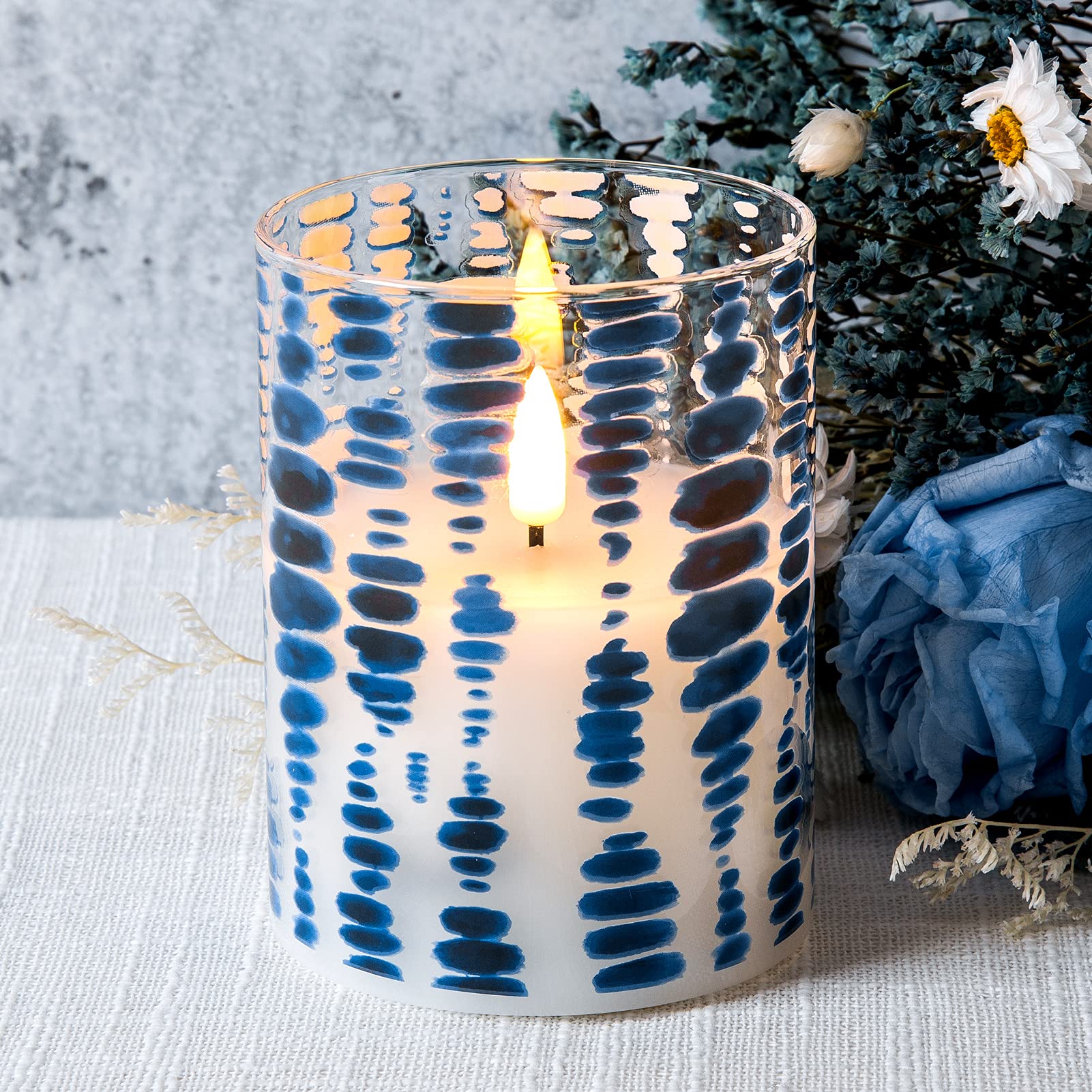 Eywamage Blue Dots Flameless Candles In Glass Jars, Flickering Battery Led Pillar Candles With Remote Set Of 3