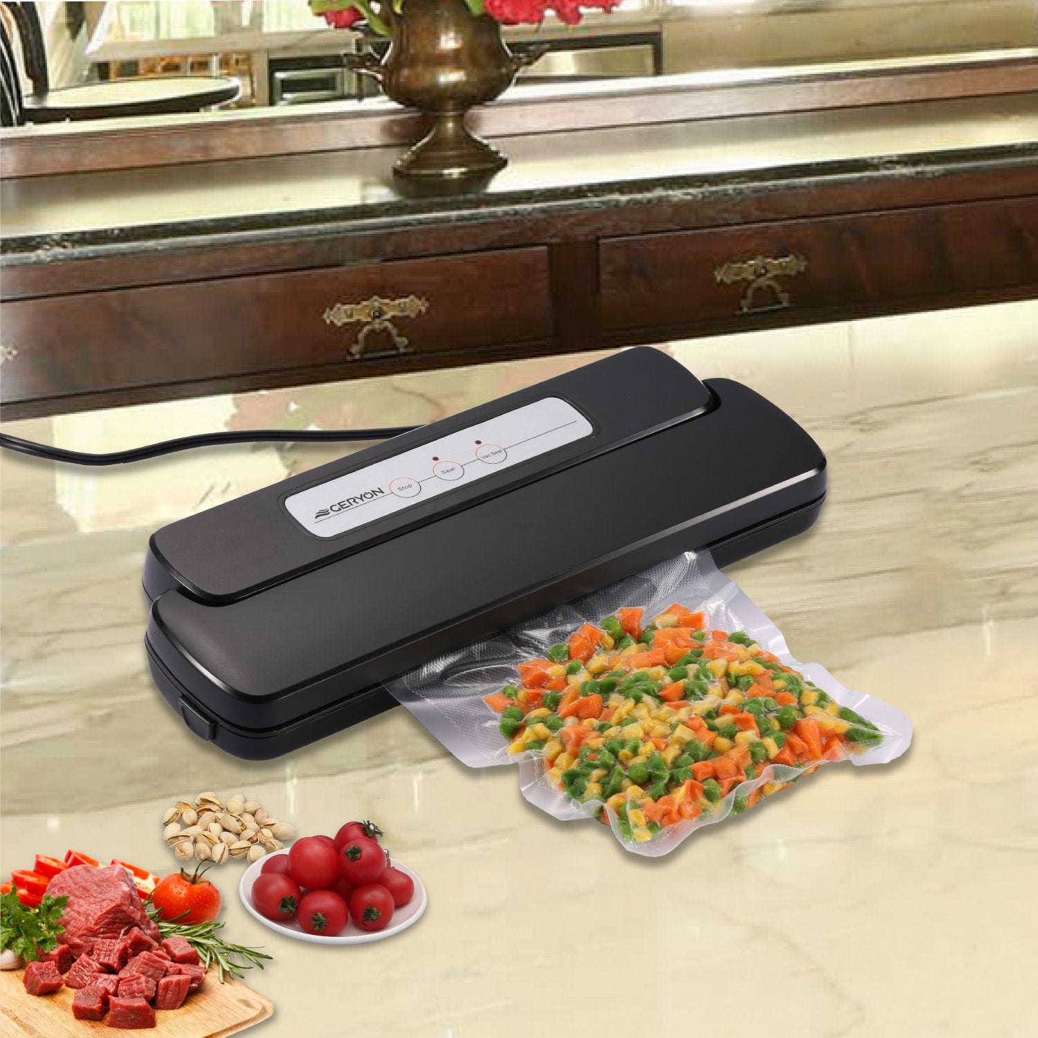 GERYON Vacuum Sealer Machine E2900M - Powerful Suction, Slim Design, Black, 8 Functions, Easy to Use, Includes Starter Kits for Meal Prep