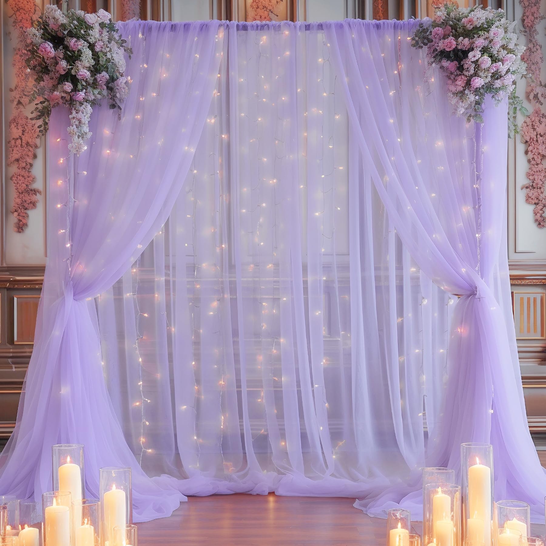 10  10Ft Purple Tulle Backdrop Curtain With Lights String For Parties, Sheer Curtain Backdrop Drapes For Wedding Party Home Deco