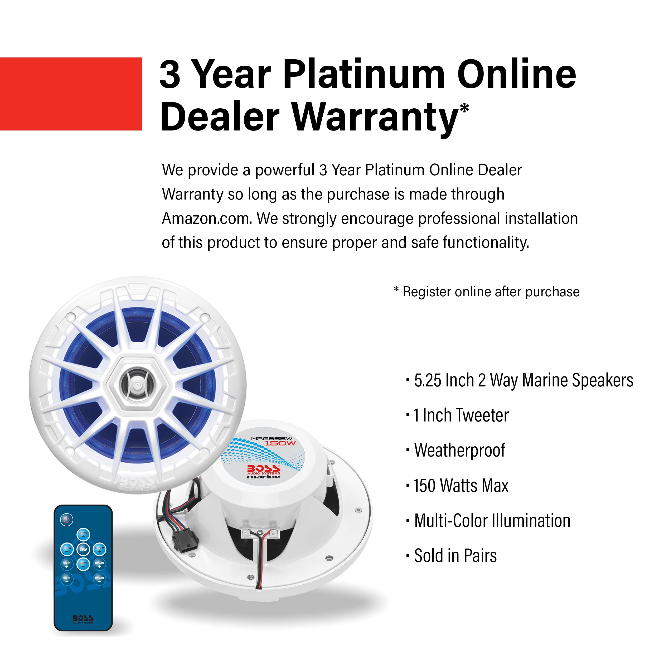 Boss Audio Systems Mrgb55W 5.25 Inch Marine Speakers   Weatherproof, 150 Watts Per Pair, 75 Watts Each, Multi Color Illumination