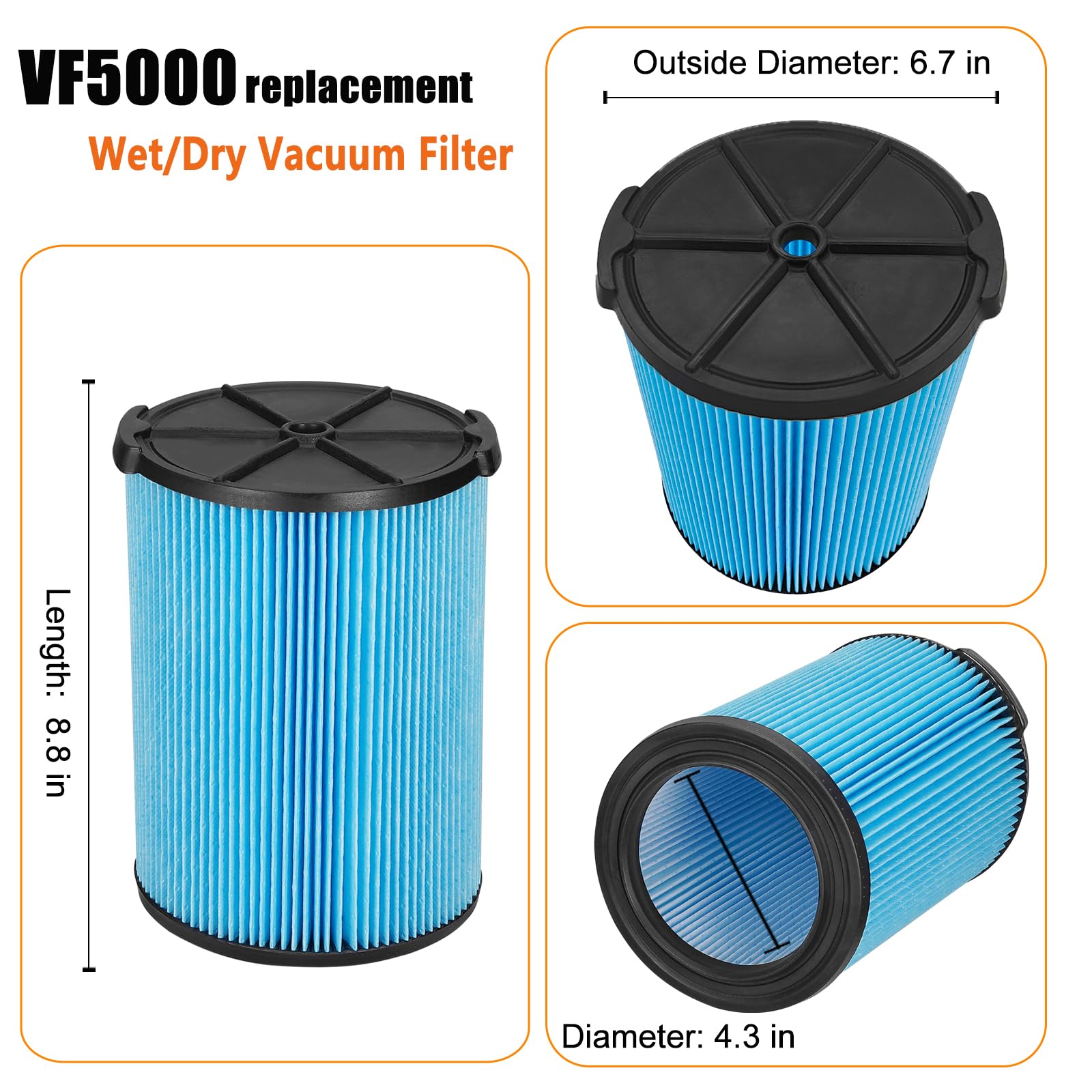 Lvjusen Vf5000 Filter Replacement For Ridgid Shop Vac 5 20 Gallon Wet Dry Vacuums& 3 Layer Fine Dust Filter For 6 9 Gallon Husky