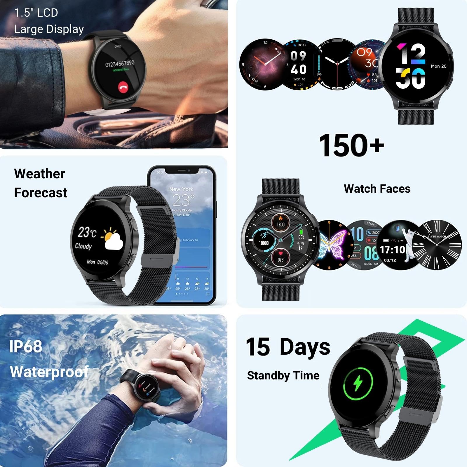 Hoaiyo Smart Watches For Women Men (Call Receive/Dial), 1.5 Smartwatch With Call/Text/Heart Rate/Sleep/Calories Counter Game, Ip