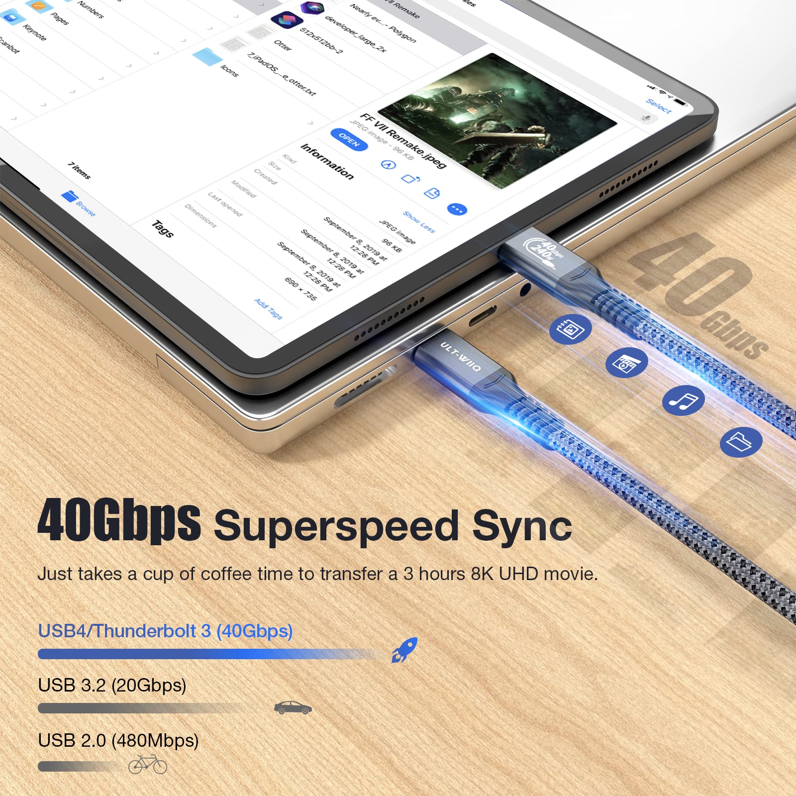 Ult Wiiq Usb4 Cable For Thunderbolt 4 Cable 40Gbps High Speed Data Transfer 240W Pd 3.1 Usb C To Usb C Cable Fast Charging 8K/6K@60Hz Usb 4 Cable For Iphone 15 Pro Macbook Egpu Docking Gan Ssd 1Ft