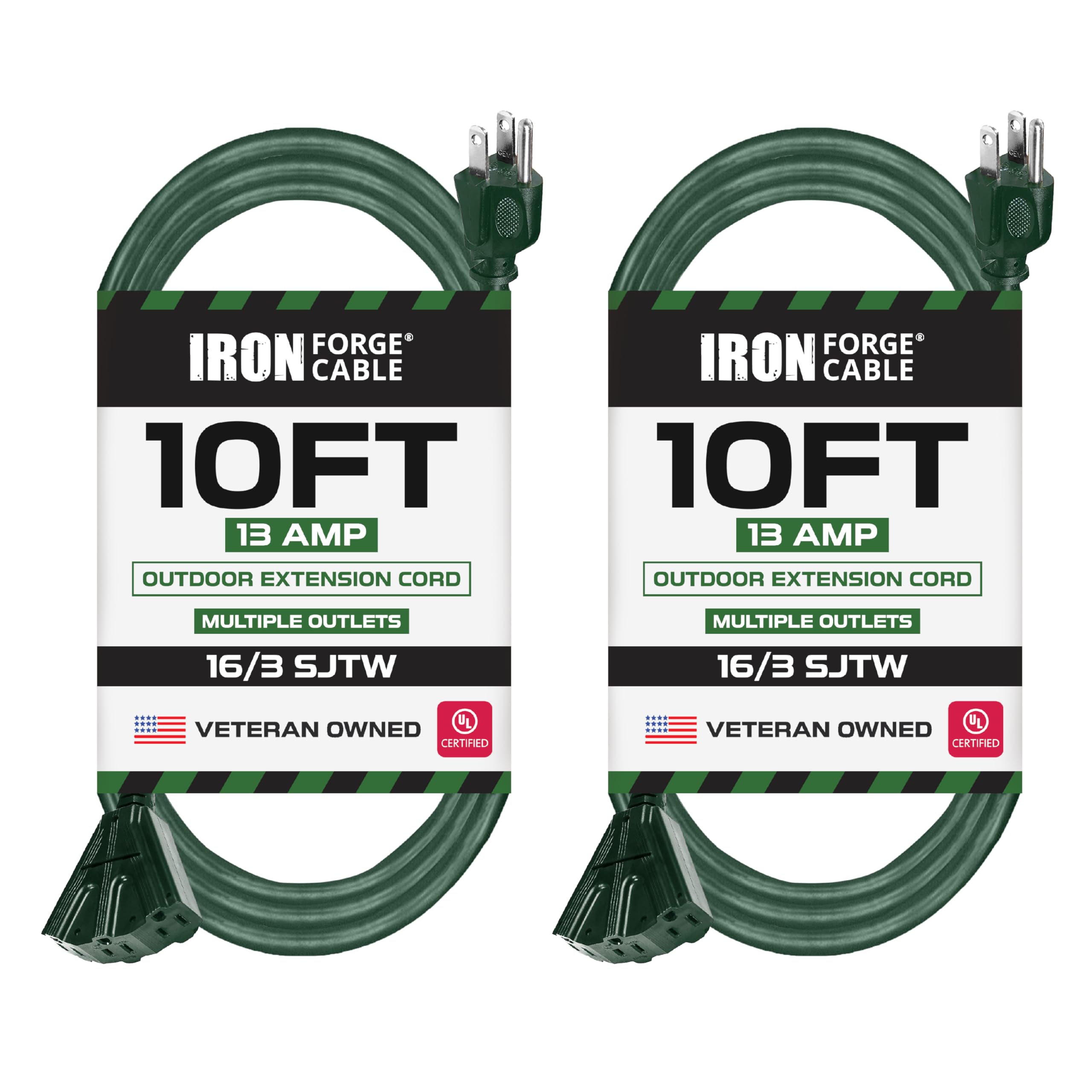 Iron Forge Cable 2 Pack 3 Outletoutdoor Extension Cord 10 Ft, 16/3 Heavy Duty Green Extension Cord With Multiple Outlets 3 Prong