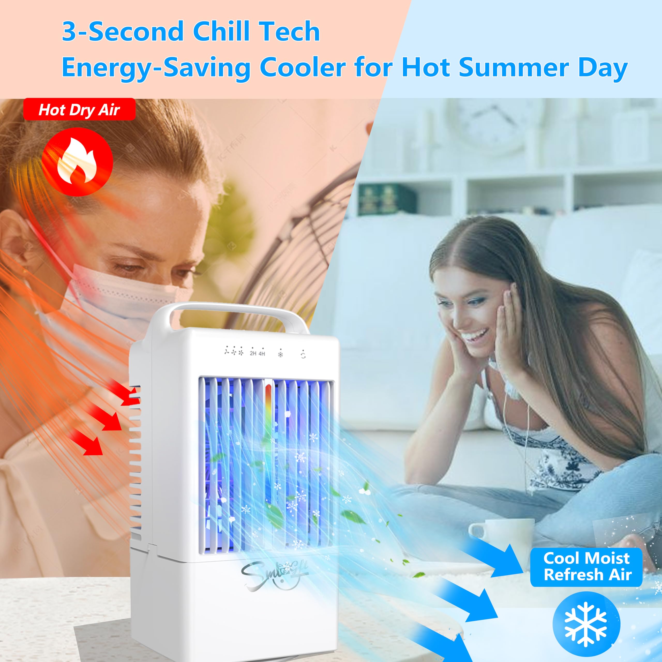 Portable Air Conditioners, Smlegft 90 Auto-Oscillating Evaporative Air Cooler With 3 Speeds & 2/4H Timer, 900Ml Large Tank & 7 C