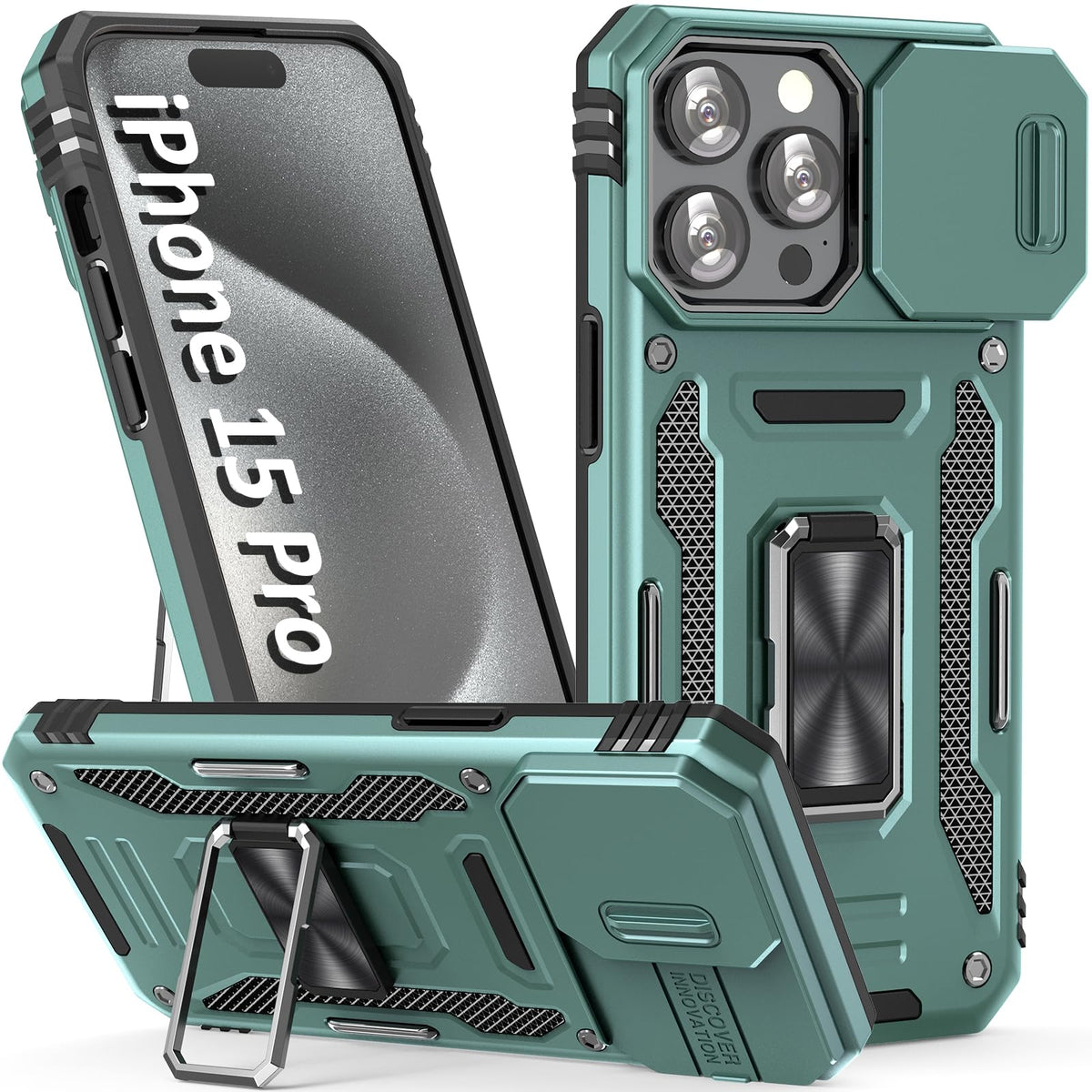 Sefing Phone Case For Iphone 15 Pro Case With Slide Camera Cover, With Finger Ring Holder Stand, Fit Magnetic Car Mount, For Iph