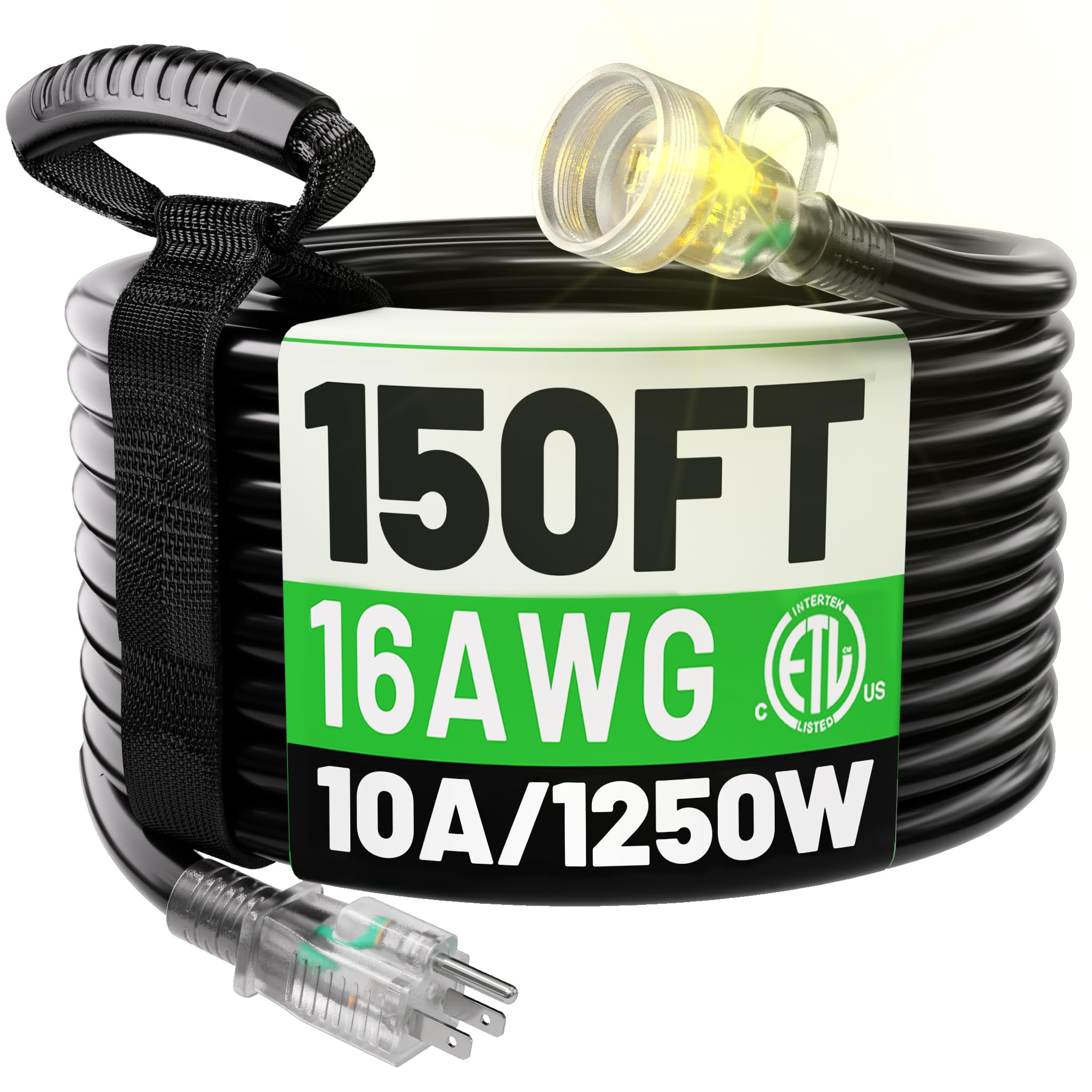Powgrn 150Ft 16 Gauge Black Outdoor Extension Cord Waterproof, 3 Prong Flexible Cold Weatherproof  58? Heavy Duty Extension Cord