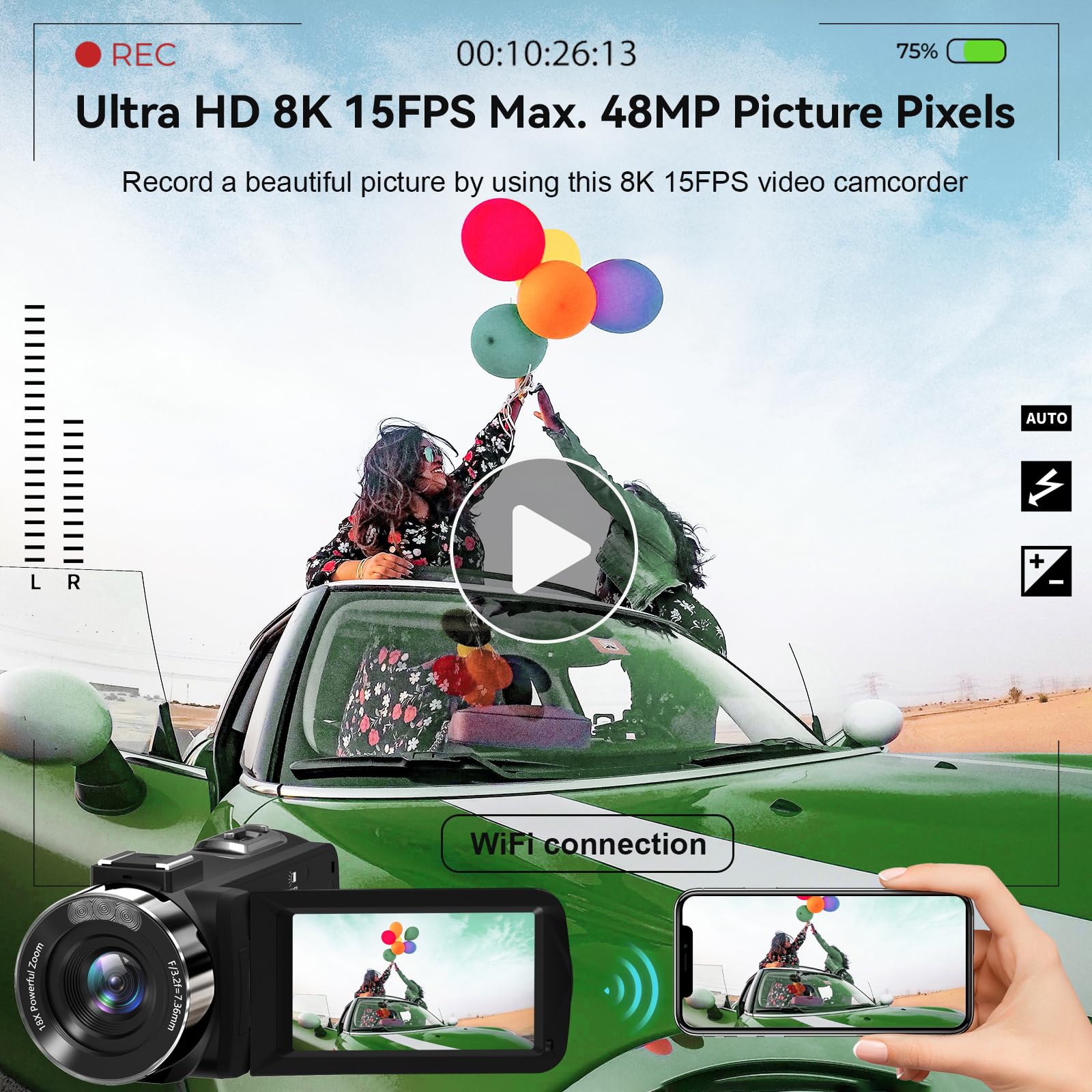 Video Camera, 8K Camcorder 48Mp 15Fps Uhd Wifi Vlogging Camera With Ir Night Vision For Youtube, 3'' Touch Screen 18X Digital Zo