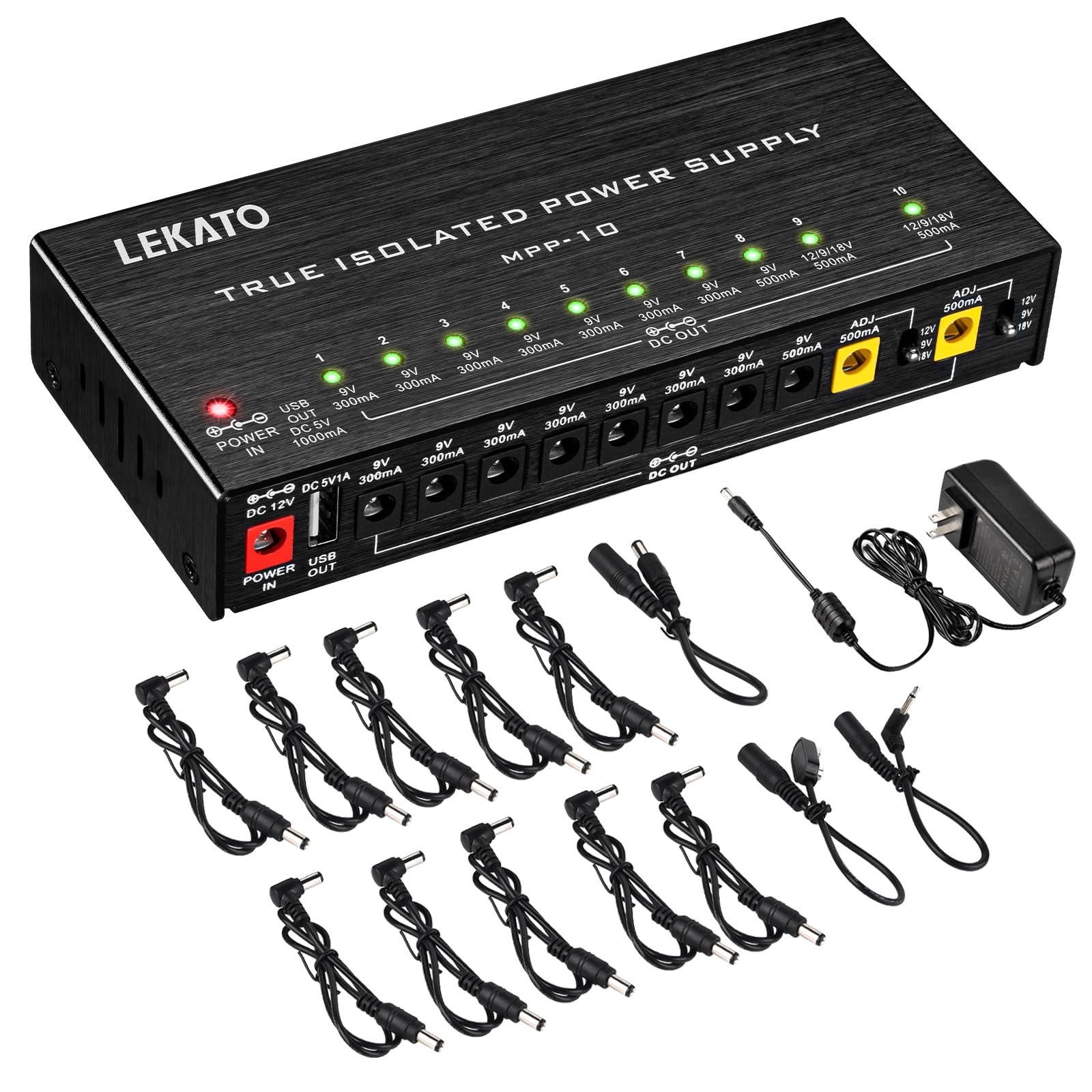 LEKATO Guitar Pedal Power Supply, True Isolated Pedal Power Supply with 10 Ports, USB Port, Short Circuit Protection, Guitar Ped