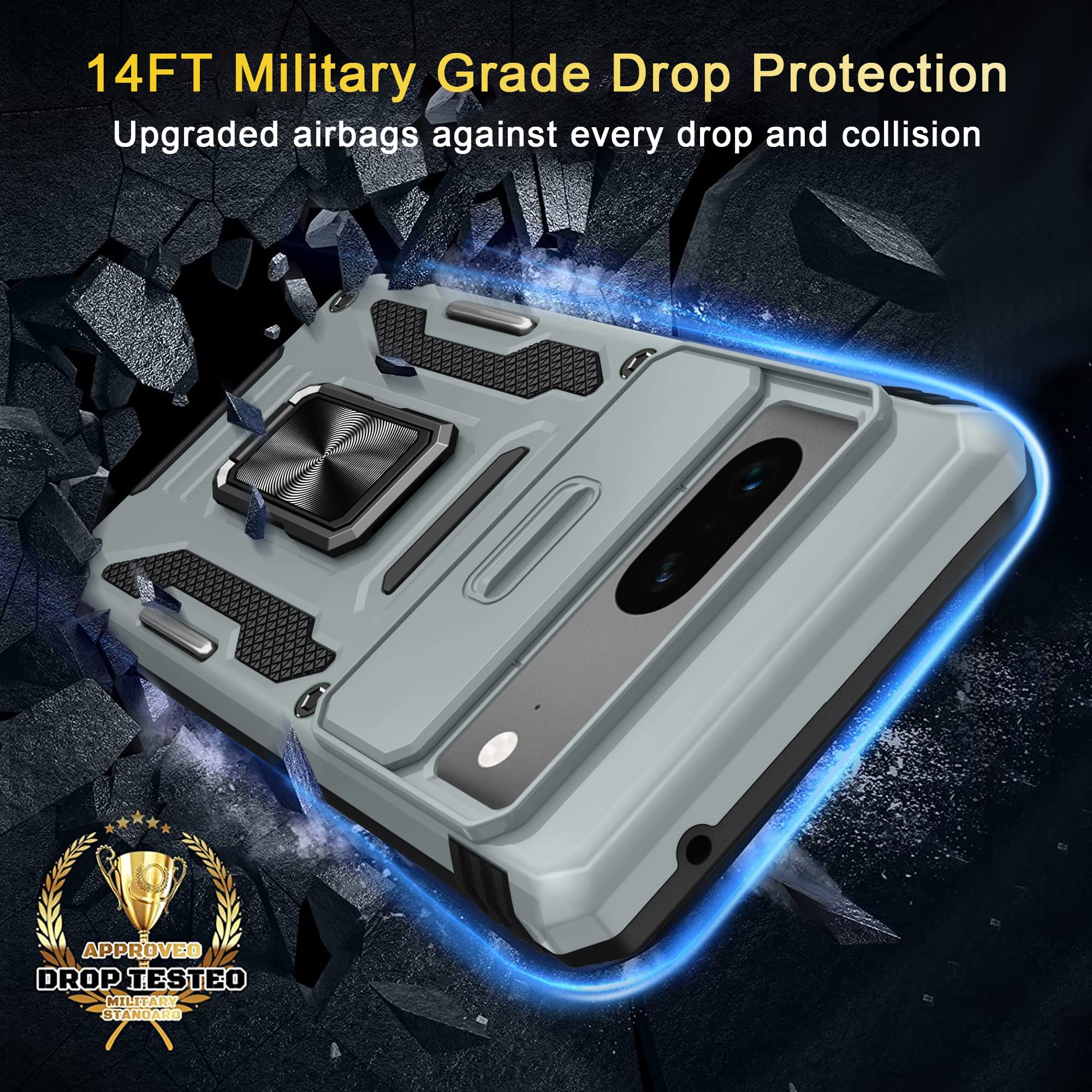 Deerlamn Case For Google Pixel 7 With Slide Camera Cover+Screen Protector(1 Pack), Rotated Ring Kickstand Military Grade Shockpr