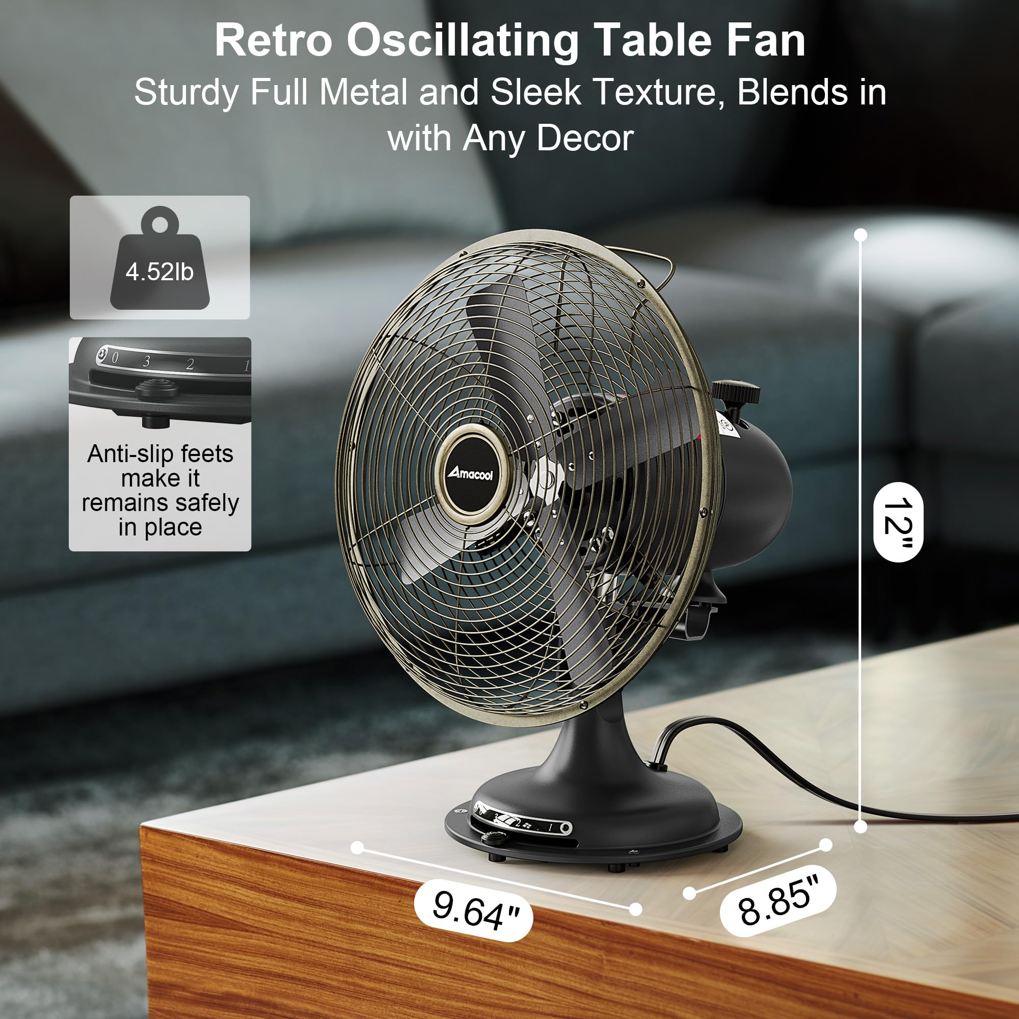 Amacool Oscillating Vintage Fan, All Metal Retro Table Top Fan, Adjustable Head Tilt, Quiet 3 Speeds Plug In Desk Fan For Bedroo