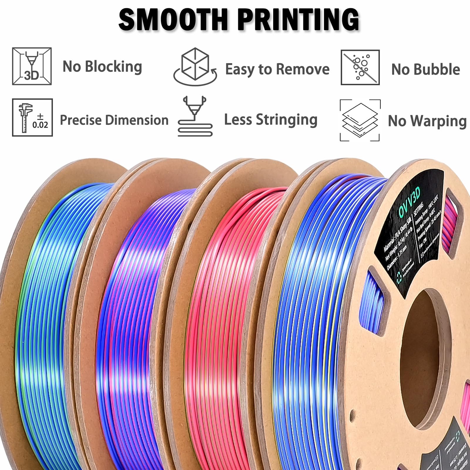 Ovv3D 3D Printer Filament, Tri Colors Pla Filament 1.75Mm, Coextrusion Silk Pla Filament, Rainbow Pla Filament With Silk Pla Blu