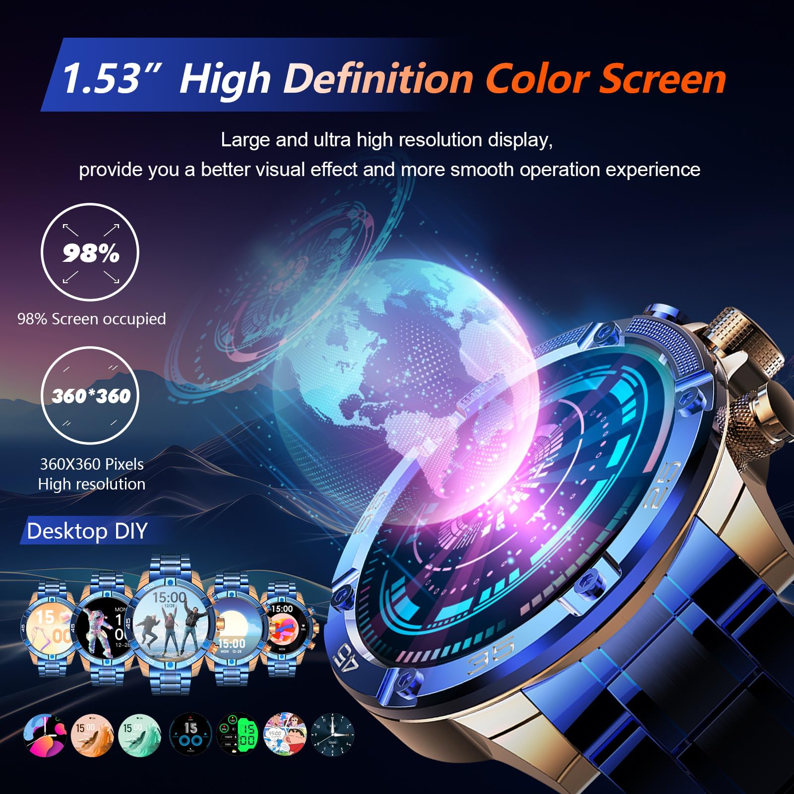 Ohugna Smart Watch(Bluetooth Answer/Make Call), 1.53'' Hd Round Gold Blue Smartwatch For Men, Ip67 Waterproof Fitness Tracker Wi