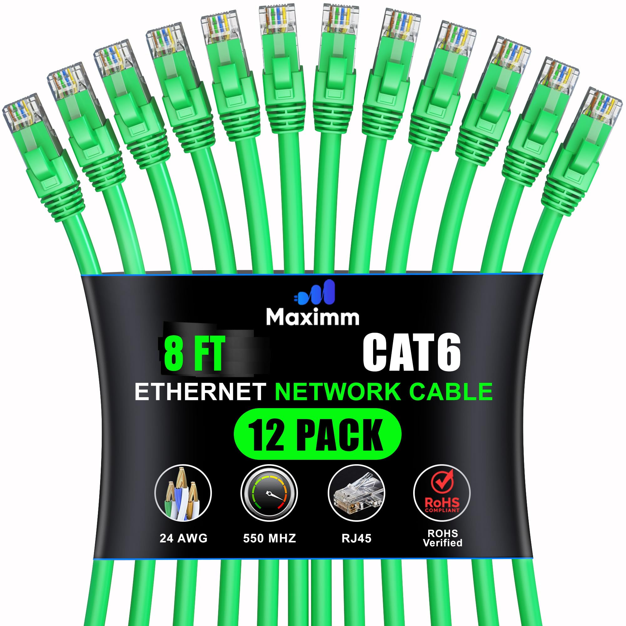 Maximm Cat 6 Ethernet Cable 8 Ft (12 Pack)   High Speed Lan Cable, Internet Cable, Patch Cable, And Network Cable   Utp, 10Gbps, 550Mhz Ethernet Cord   Green