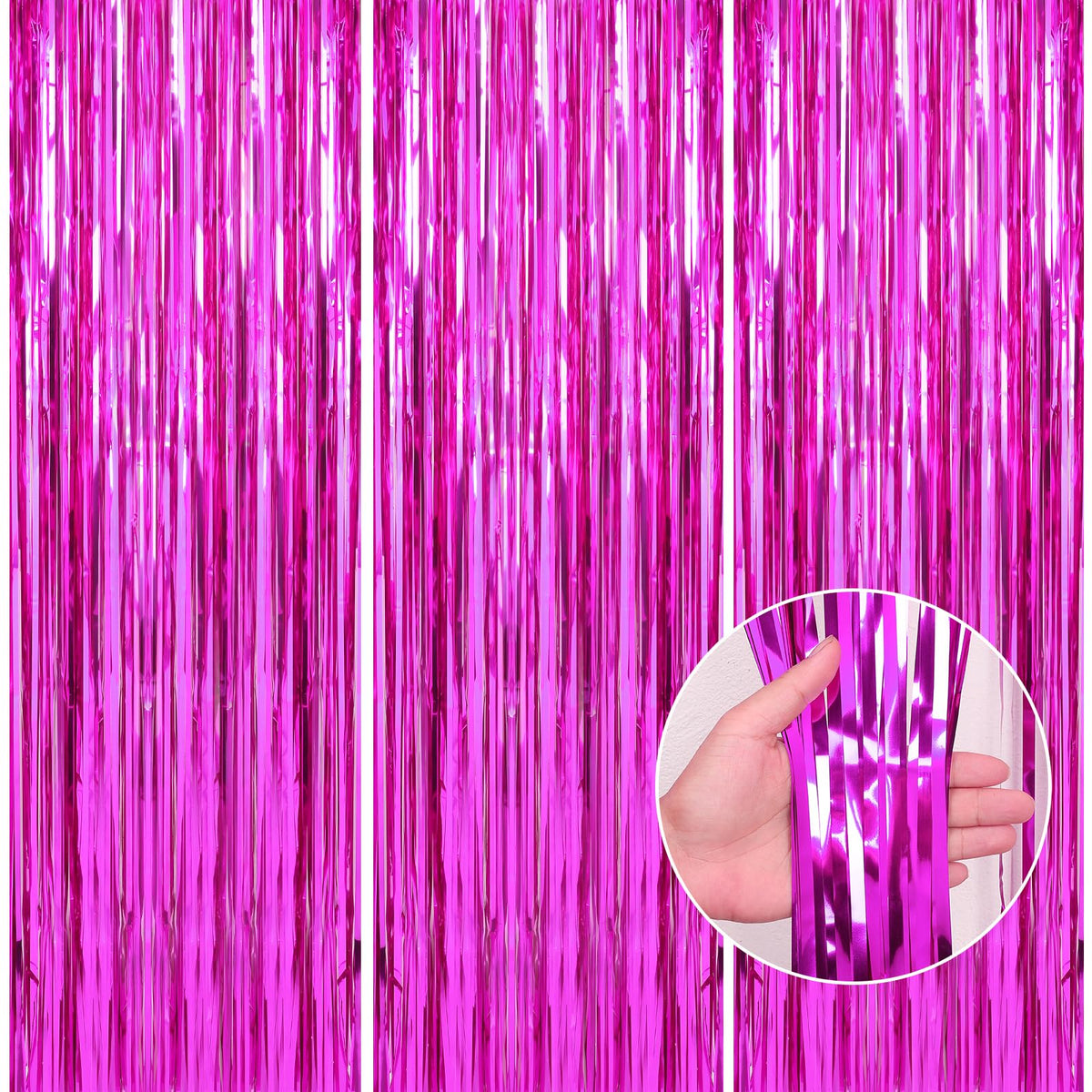 Crosize 3 Pack 3.3 X 9.9 Ft Hot Pink Foil Fringe Backdrop Curtain, Streamer Backdrop Curtains, Streamers Birthday Party Decorati