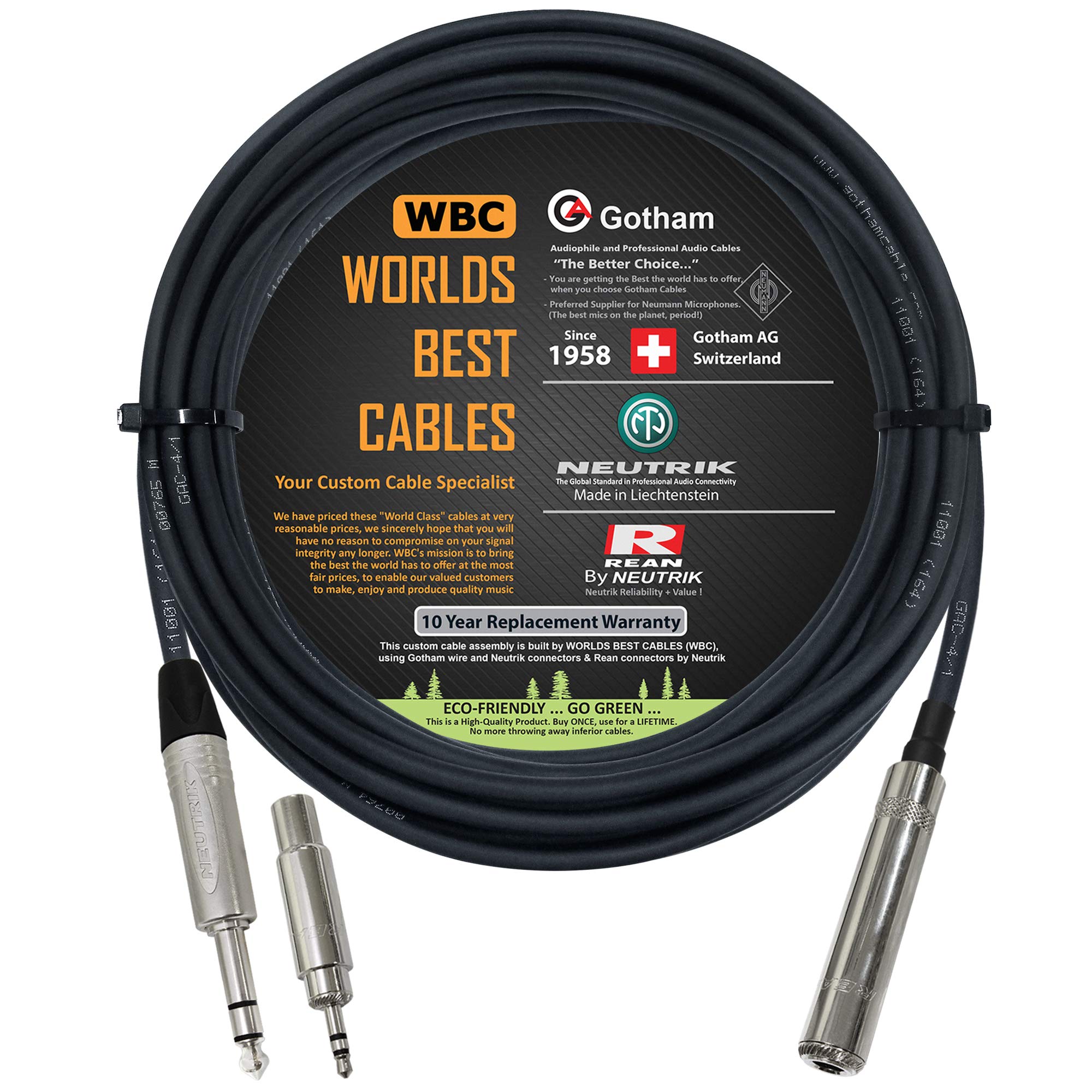 Worlds Best Cables   20 Foot   Gotham Gac 4/1 Star Quad Stereo Headphone Extension Cable & Neutrik Trs Plug To Neutrik Rean  Inc