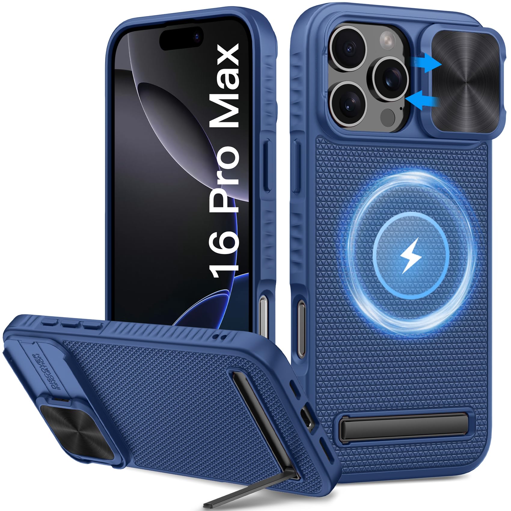 Vihibii For Iphone 16 Pro Max Case Magnetic, [Compatible With Magsafe], Built In Kickstand & Slide Camera Lens Cover, Military G