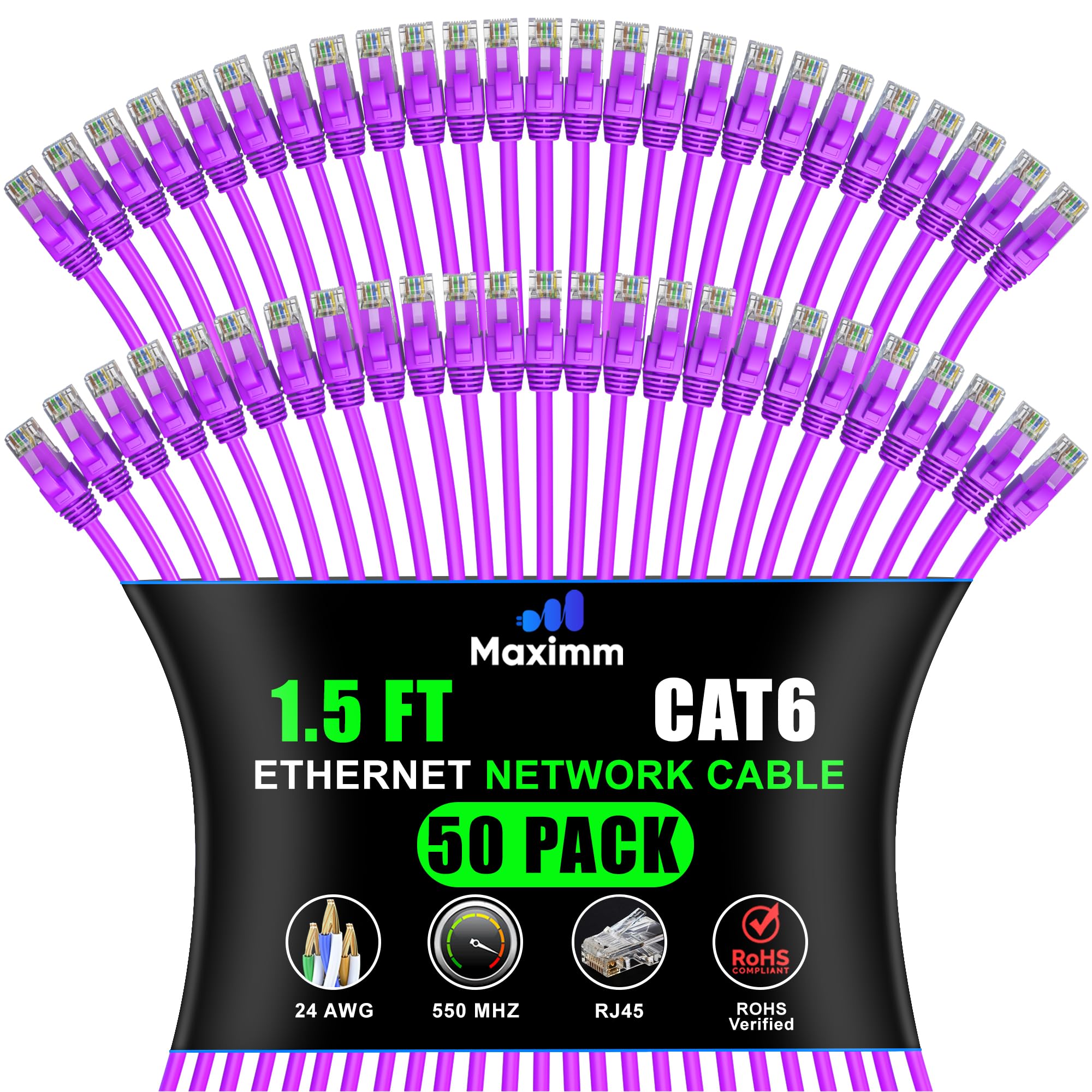 Maximm Cat 6 Ethernet Cable 1.5 Ft, (50-Pack) Cat6 Cable, LAN Internet and Network - UTP (Purple) 1.5 Feet