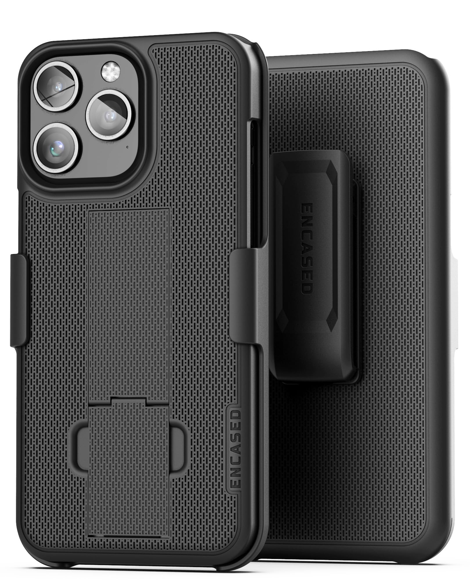 Encased DuraClip Designed for iPhone 15 Pro Case with Belt Clip Phone Holster and Kickstand (Matte Black)