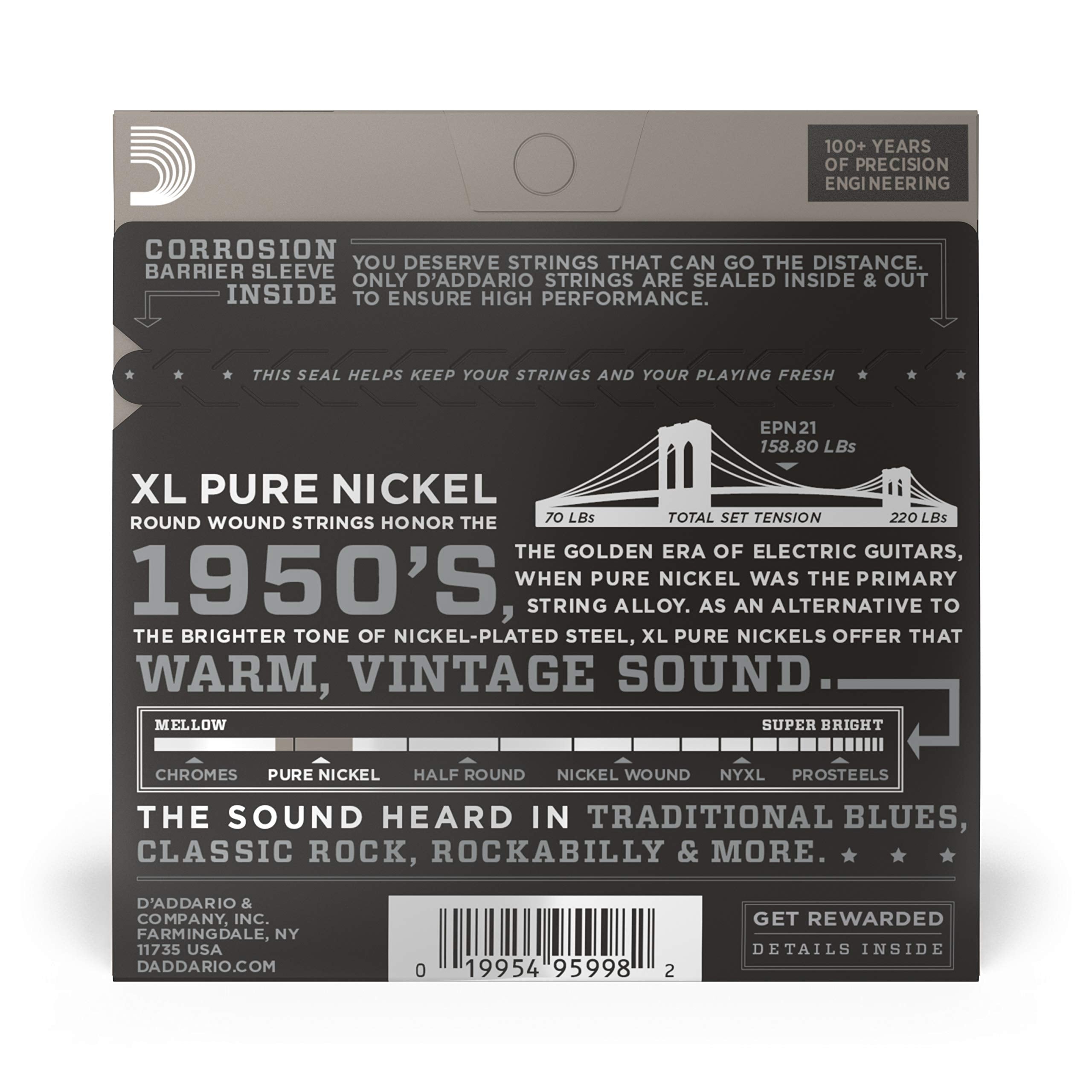 D'Addario Guitar Strings   Xl Pure Nickel Electric Guitar Strings   Round Wound   Warm, Bright, Vintage Sound   Epn21   Jazz Lig
