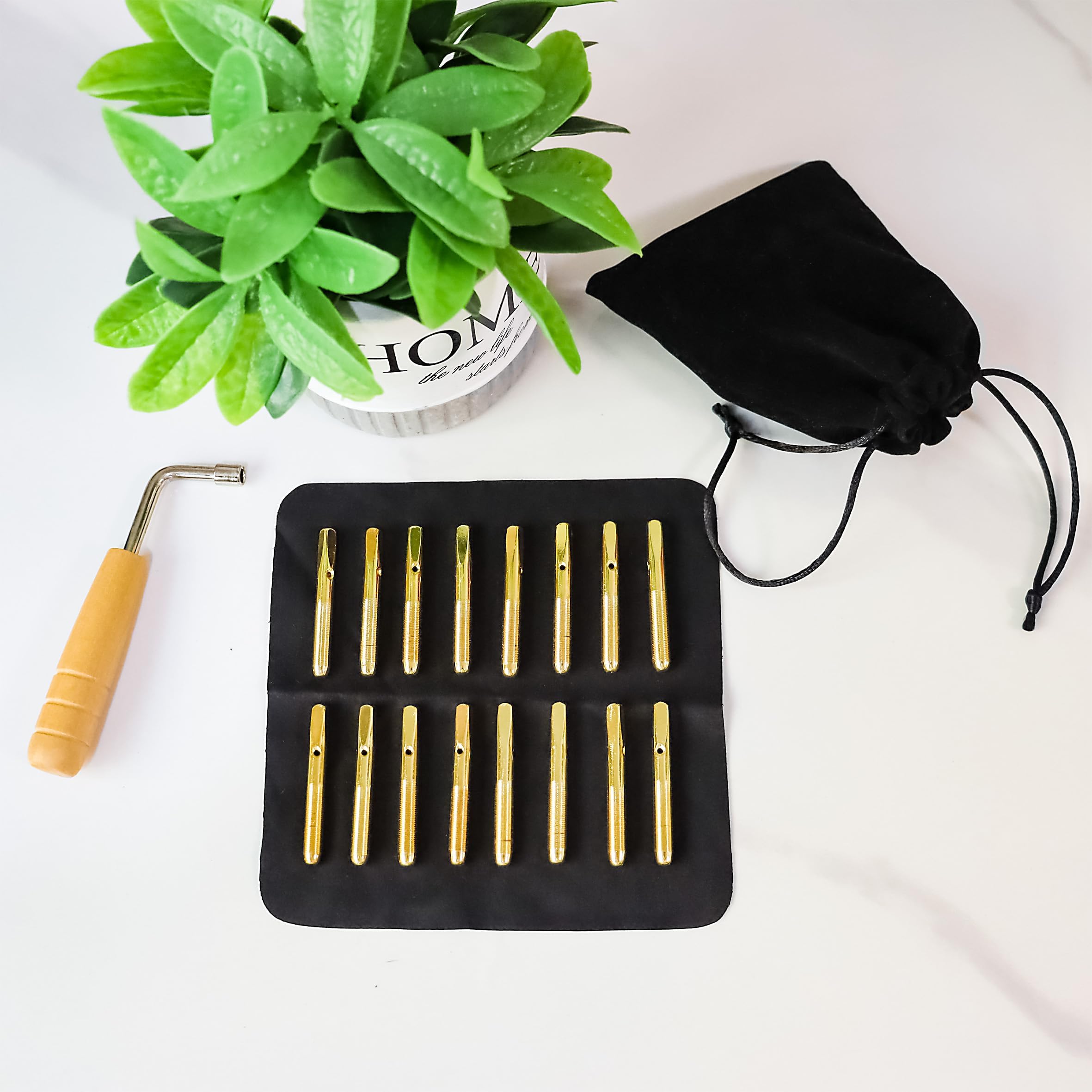 Inknote 16Pcs Gold Tuning Pin With L-Shape Wrench Gooseneck Hammer Lever And Dust-Free Cloth Widely For Lyre Harp Zithers Harpsi