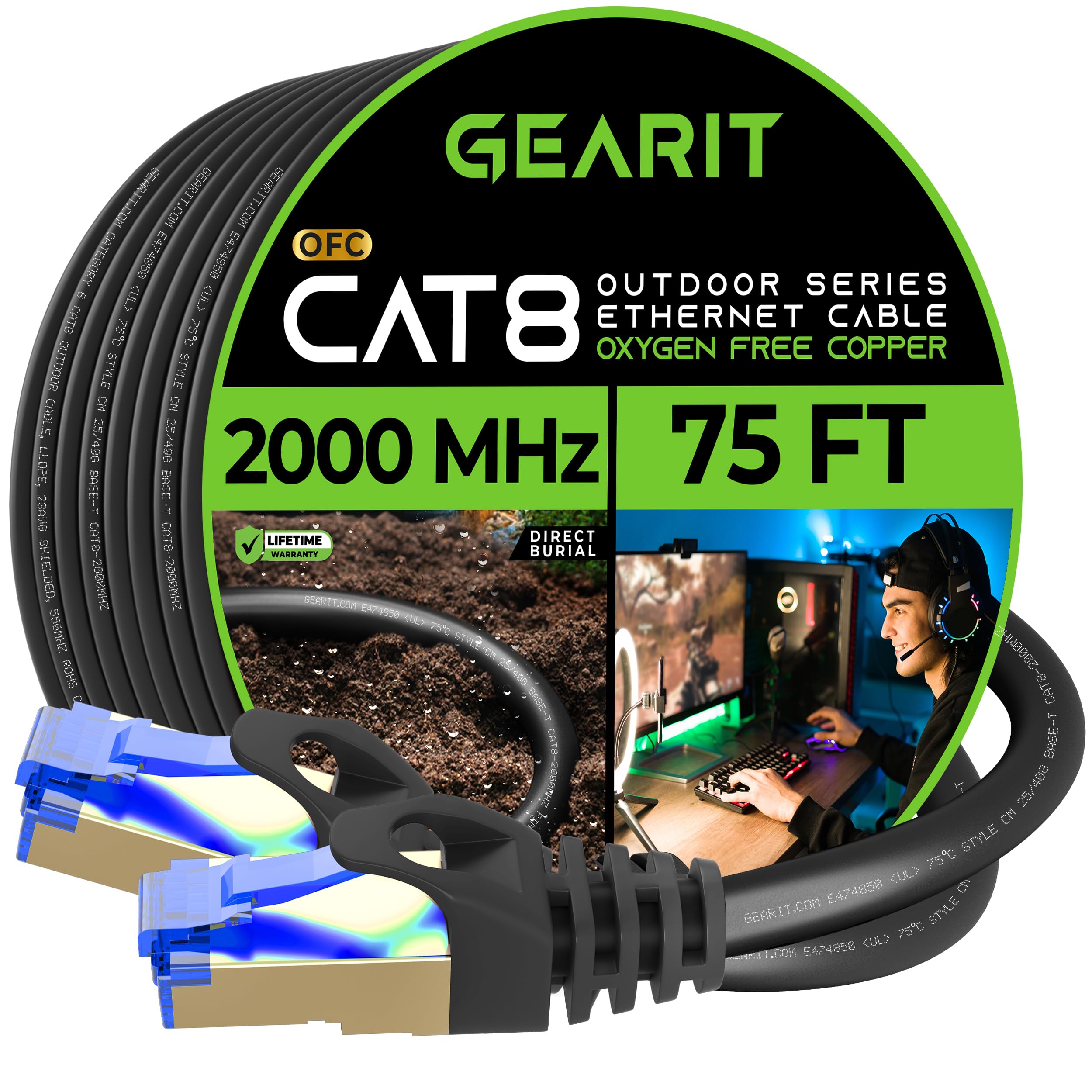 Gearit Cat8 Rj45 (75Ft) Shielded Cable, 26Awg, 40Gbps 2000Mhz Sftp Patch Cord, Heavy Duty High Speed Cat8 Lan Network Ethernet W