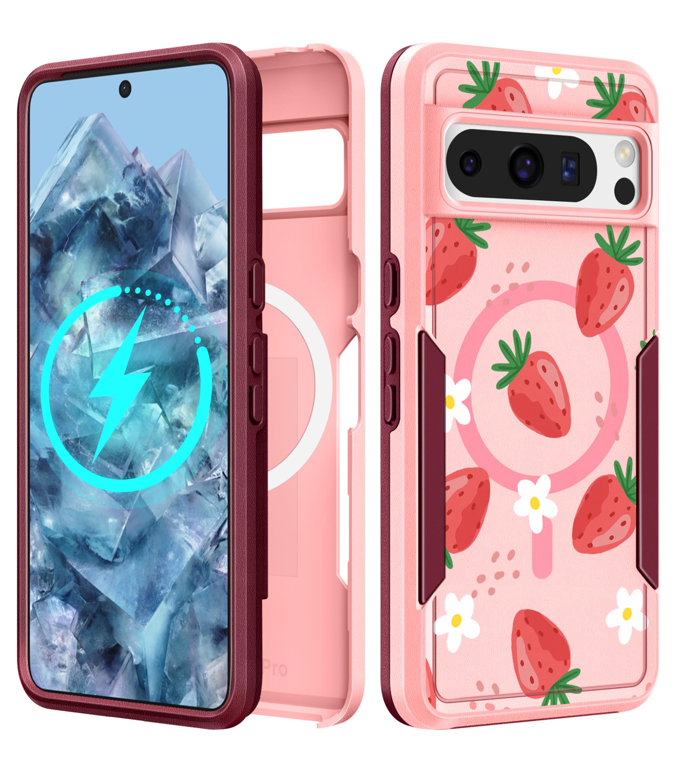 LISEVO for Google Pixel 8 Pro Case - Compatible with MagSafe Women Girls Cute Magnetic Protective Cover Girly Kawaii Strawberry 