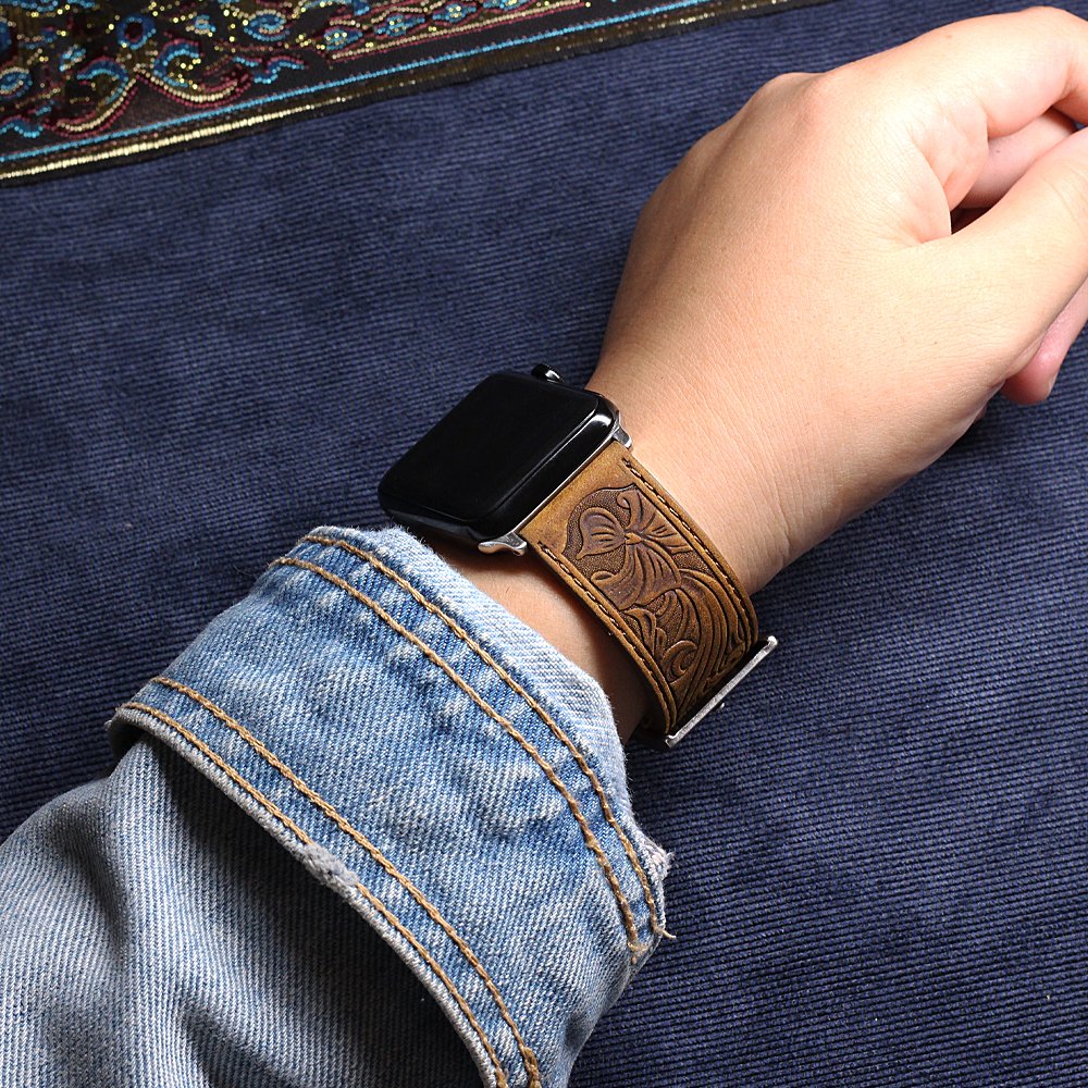 Falandi For Apple Watch Band Leather 42Mm 41Mm 40Mm, Western Retro Leather Classical Replacement Smart Watch Band For Iwatch Men