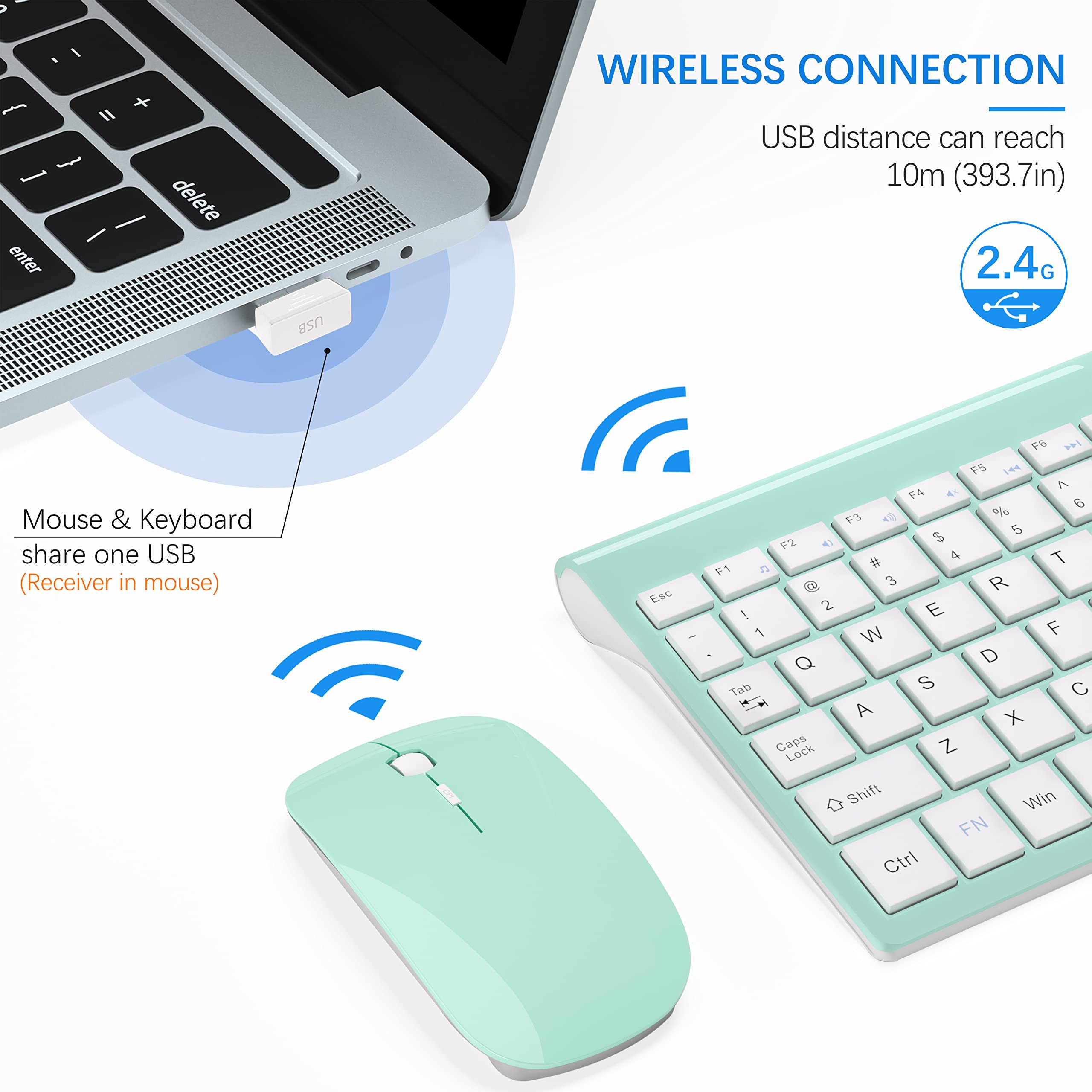 Wireless Keyboard And Mouse Ultra Slim Combo, Topmate 2.4G Silent Compact Usb 2400Dpi Mouse And Scissor Switch Keyboard Set With Cover, 2 Aa And 2 Aaa Batteries, For Pc/Laptop/Windows/Mac   Mint Green