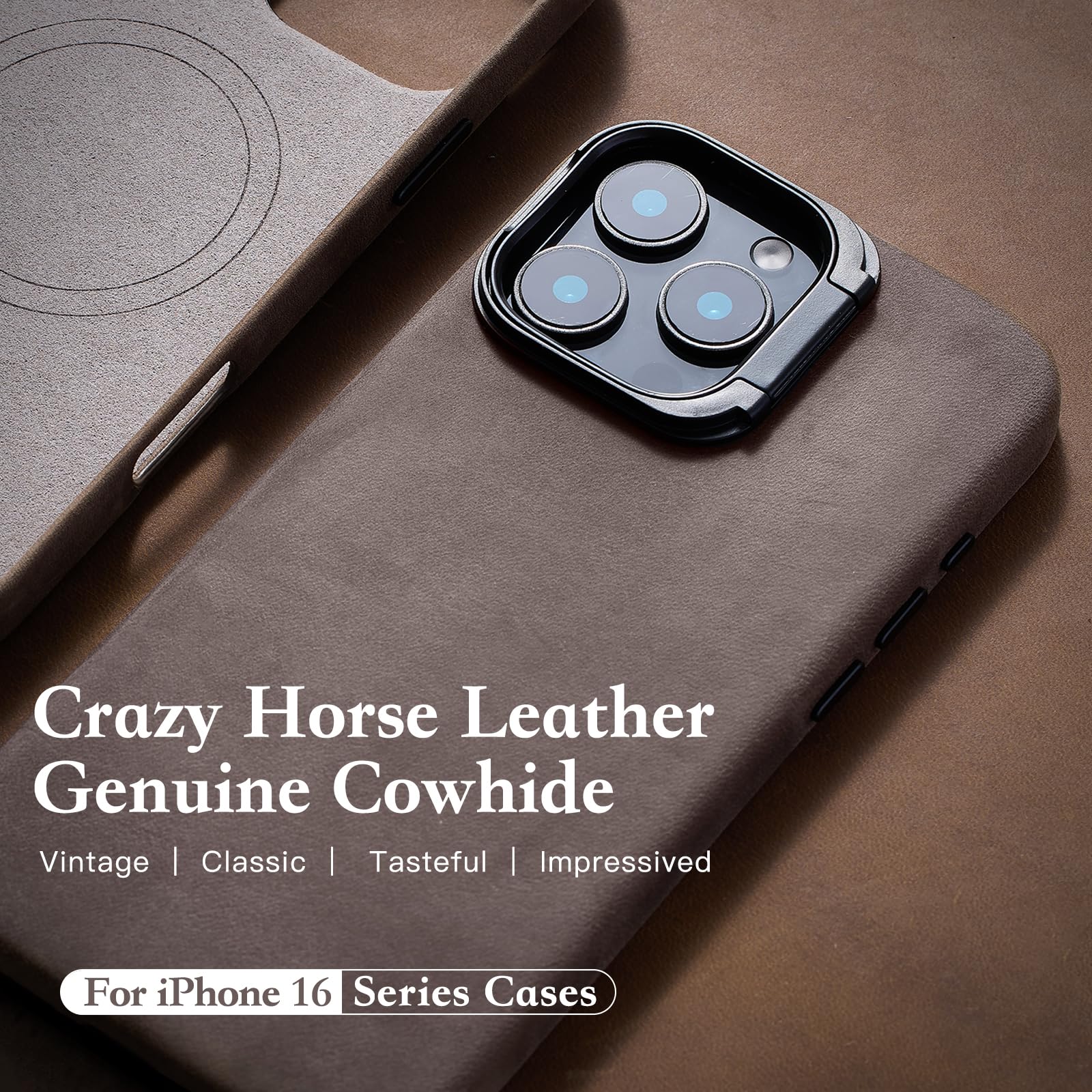 Inunion For Iphone 16 Pro Max Case Genuine Leather With Magsafe, Built-In Stash Stand Phone Case-Vintage Top Full Grain Crazy Ho