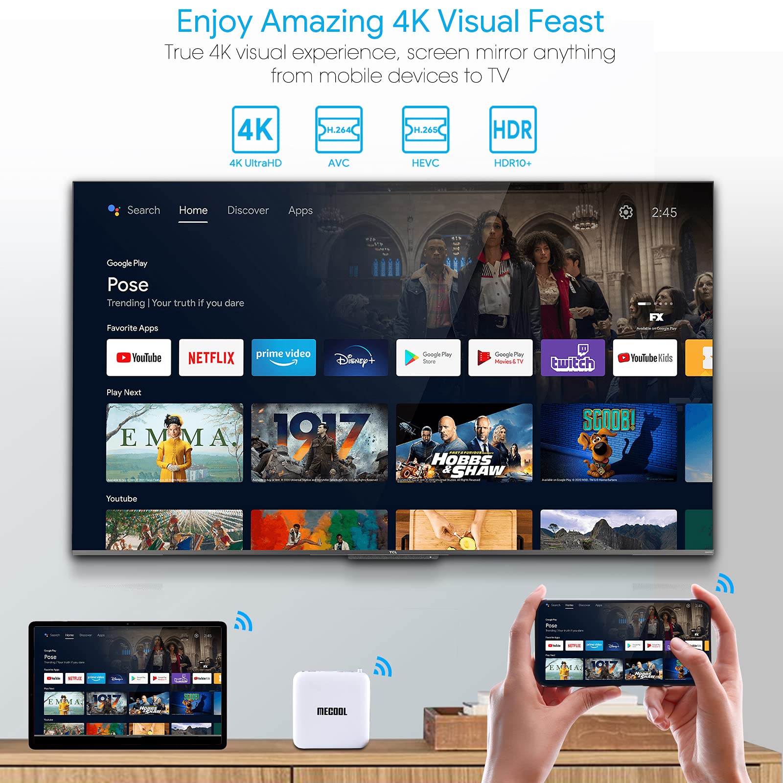 Android 10.0 Tv Box, Km2 Smart Tv Box Netflix Google Certified Usb 3.0 Ultra 4K Hdr 2Gb 8Gb Support 2.4G 5.0G Wifi Bt 4.2 With A