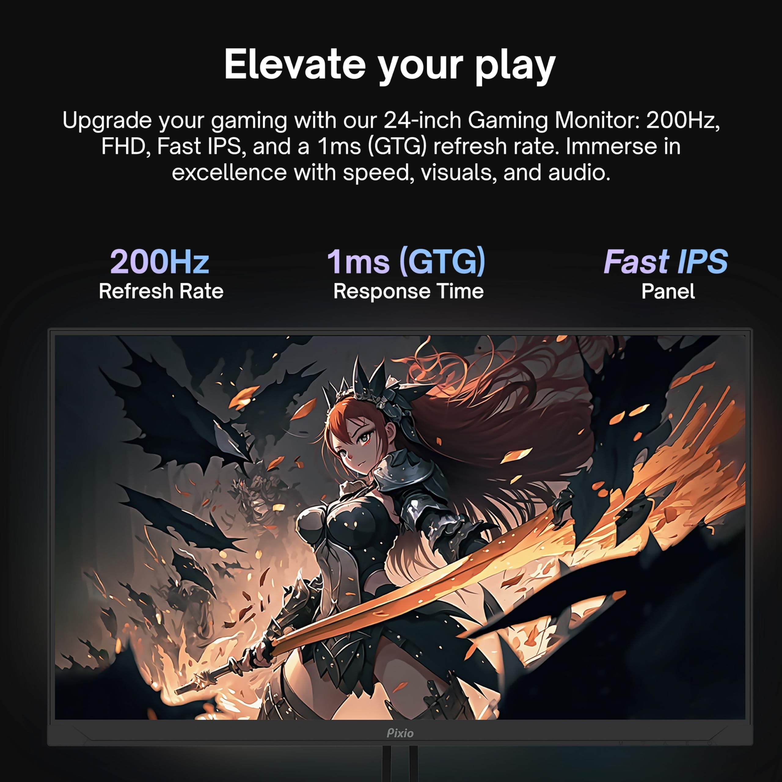 Pixio Px248 Wave 24 Inch 200Hz Refresh Rate Fhd 1080P Resolution Fast Ips Panel 1Ms Gtg Response Time Gaming Monitor With Adapti