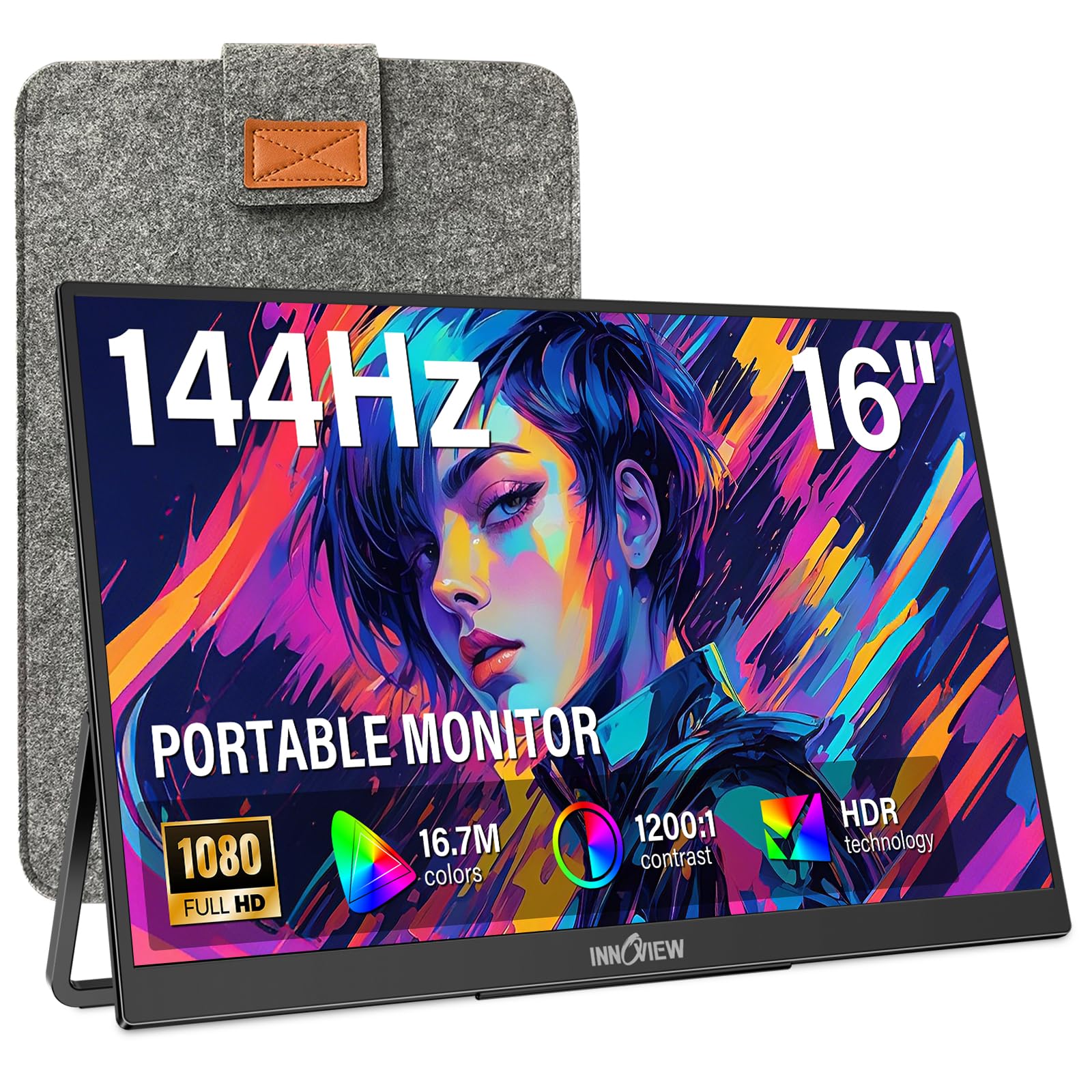 InnoView 16 Portable Monitor 144Hz Portable Gaming Monitor with Protective Sleeve, 1200P FHD External Monitor, Lightweight, Extr