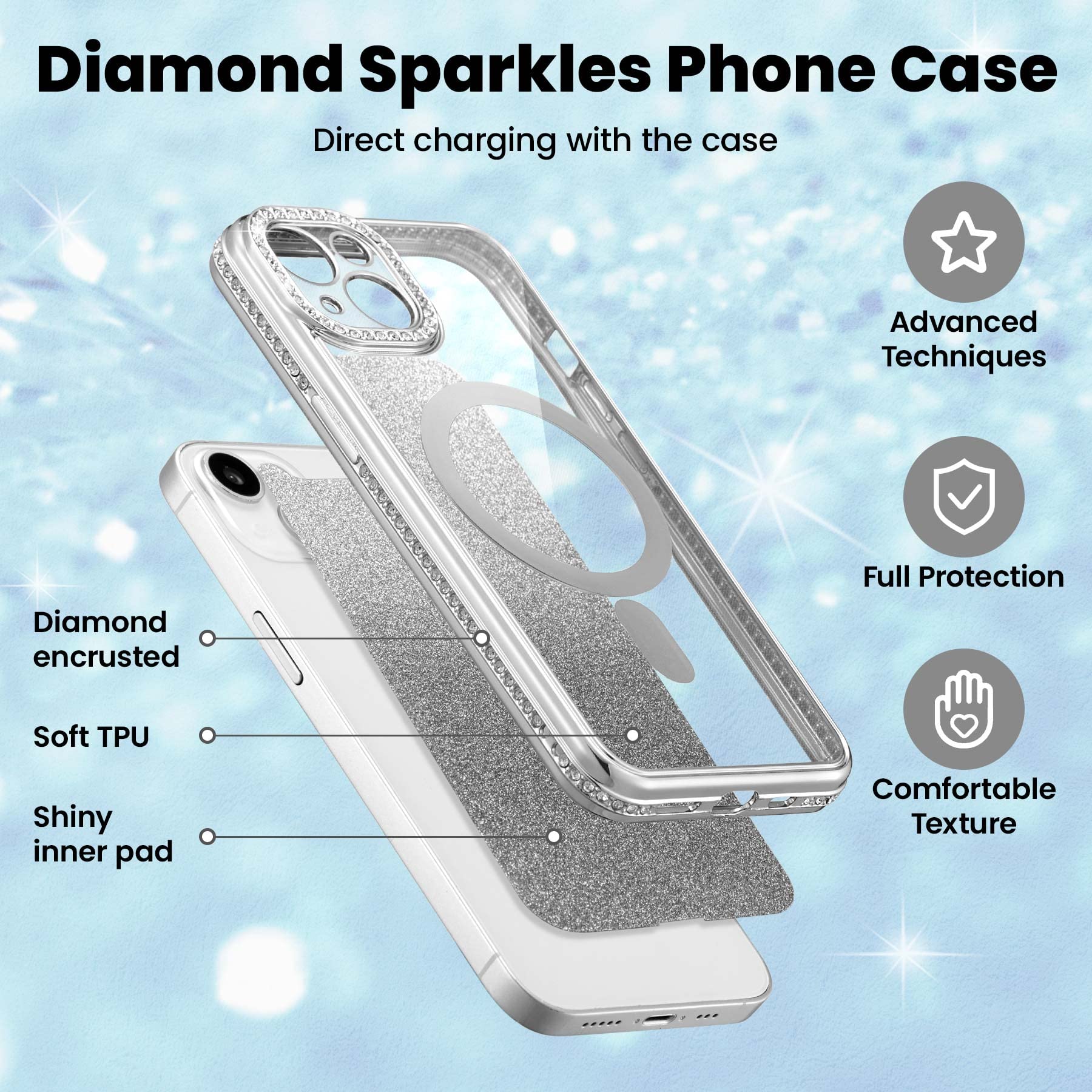 Zcdaye Case For Iphone 14 Plus With Diamond Decorated, Iphone 14 Plus Phone Case Compatible With Wirless Charging, Silver Edge E