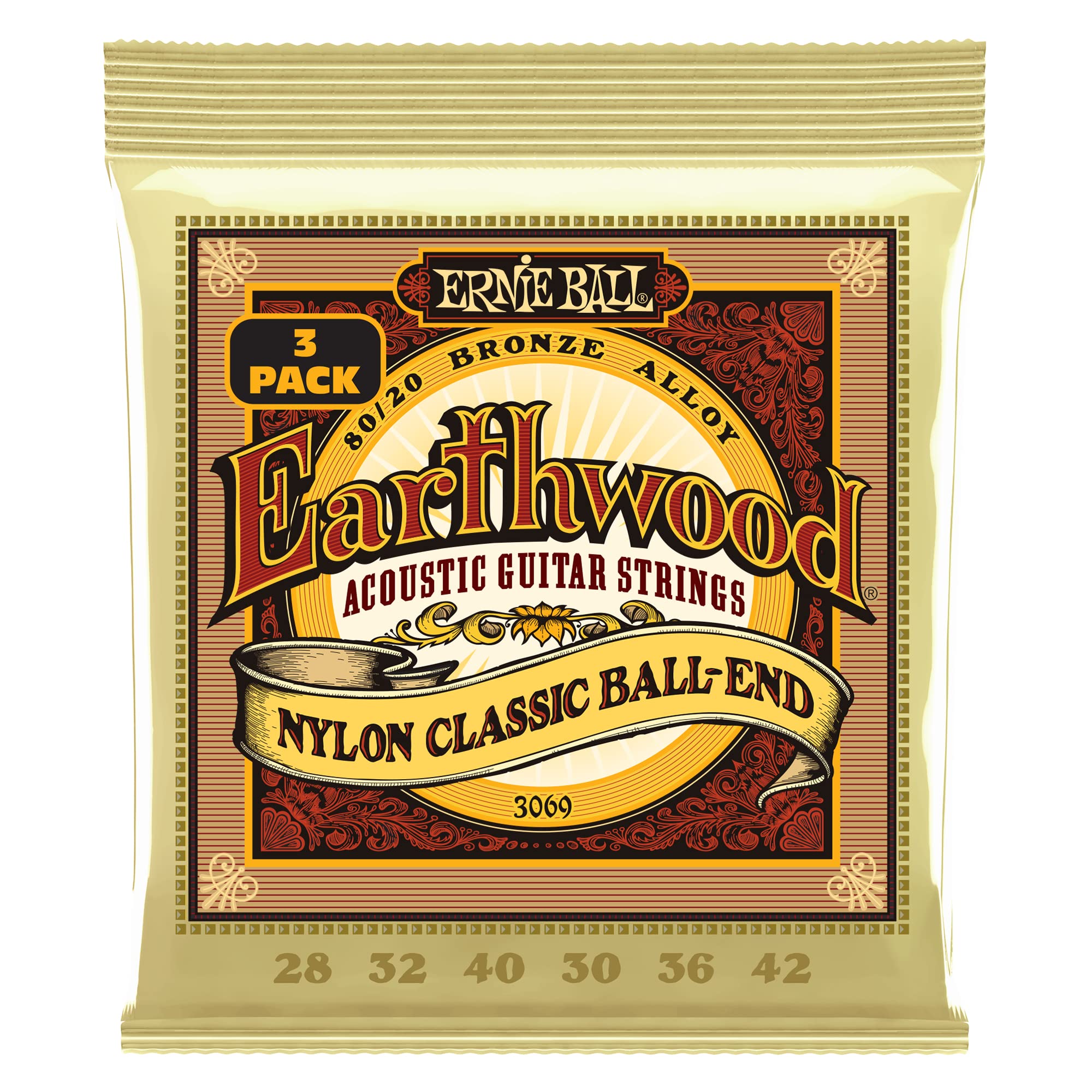 Ernie Ball Folk Nylon Clear & Gold Ball End 8020 Bronze Acoustic Guitar Strings 3 Pack, 28 42 Gauge (P03069)