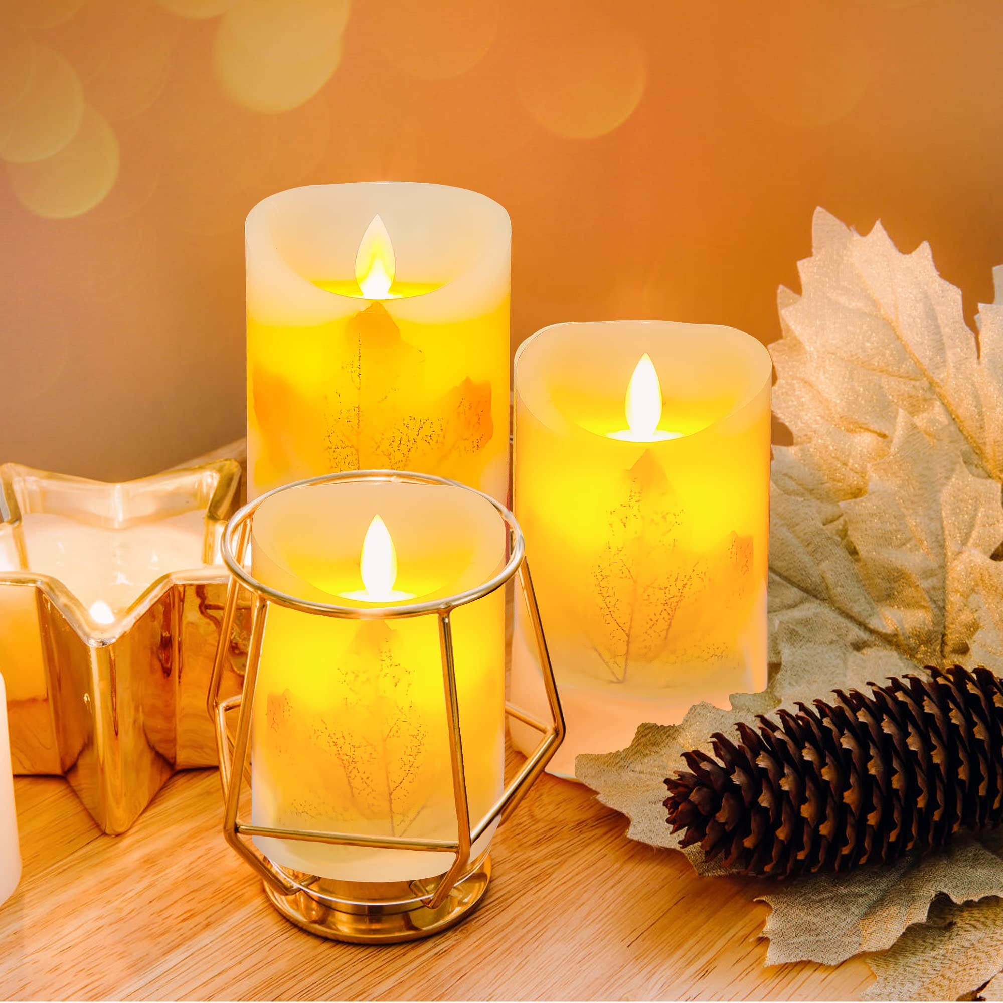 Mivitoom Maple Leaf Flameless Candles Flickering Battery Operated Decorative Candles Set Pack Of 3(D: 3 X H: 4 5 6) Led Candles