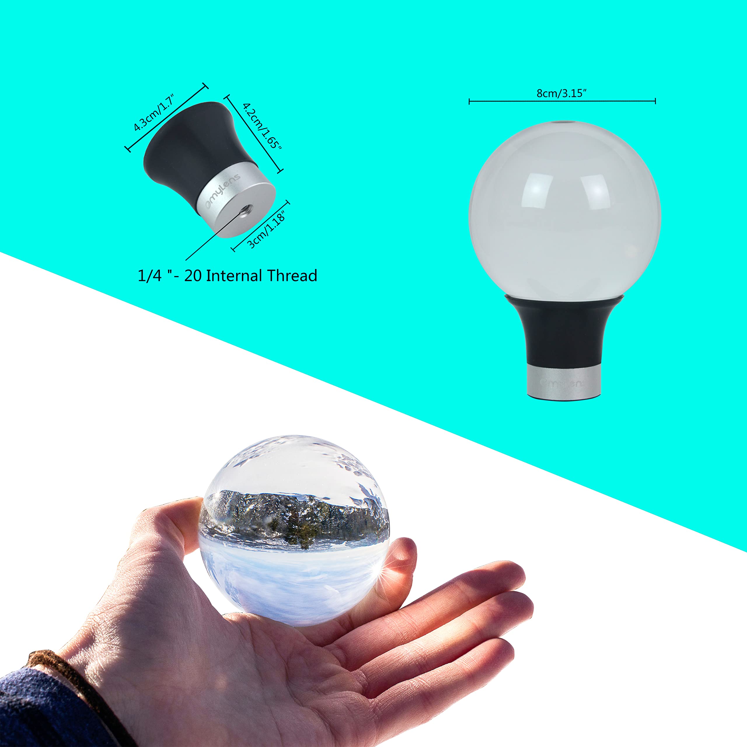 Omylens Lens Ball With Mount, K9 Crystal Ball (80Mm) + Suction Mount Cup + Flat Base (1/4'' 20 General Internal Thread) + Silk B