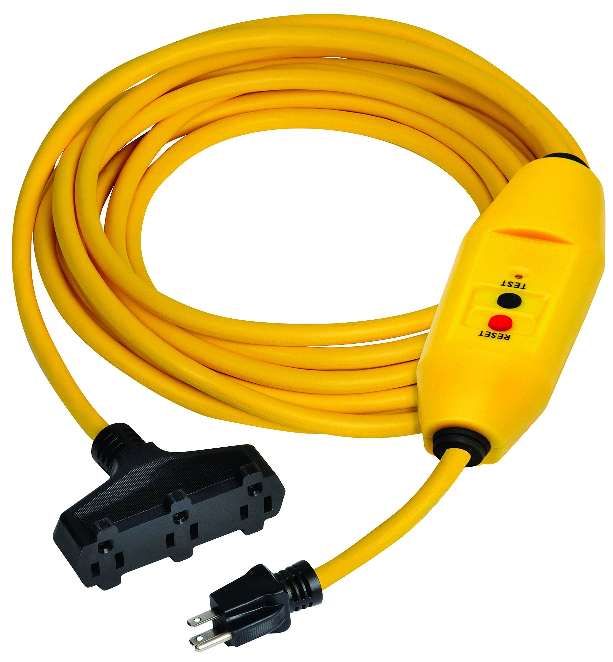 Tower Manufacturing 30438303-01 Auto-Reset 15 AMP Inline GFCI Triple Tap Cord, 50 Feet, Yellow