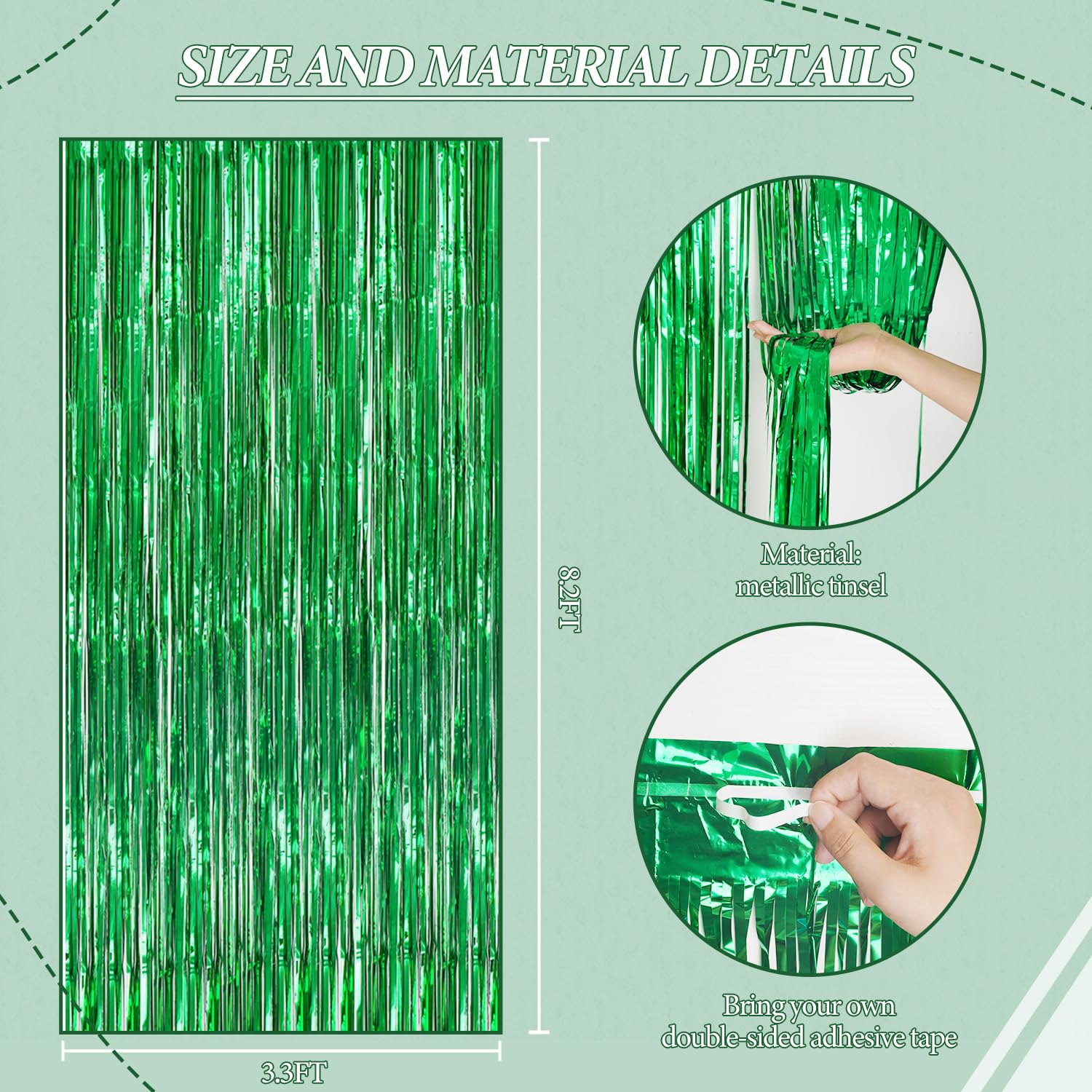 Decockrat 3 Pack Foil Fringe Backdrop   Green Shiny Tinsel Curtains For Party Decoration/Photo Booth Props   3.3X8.2 Ft Metallic
