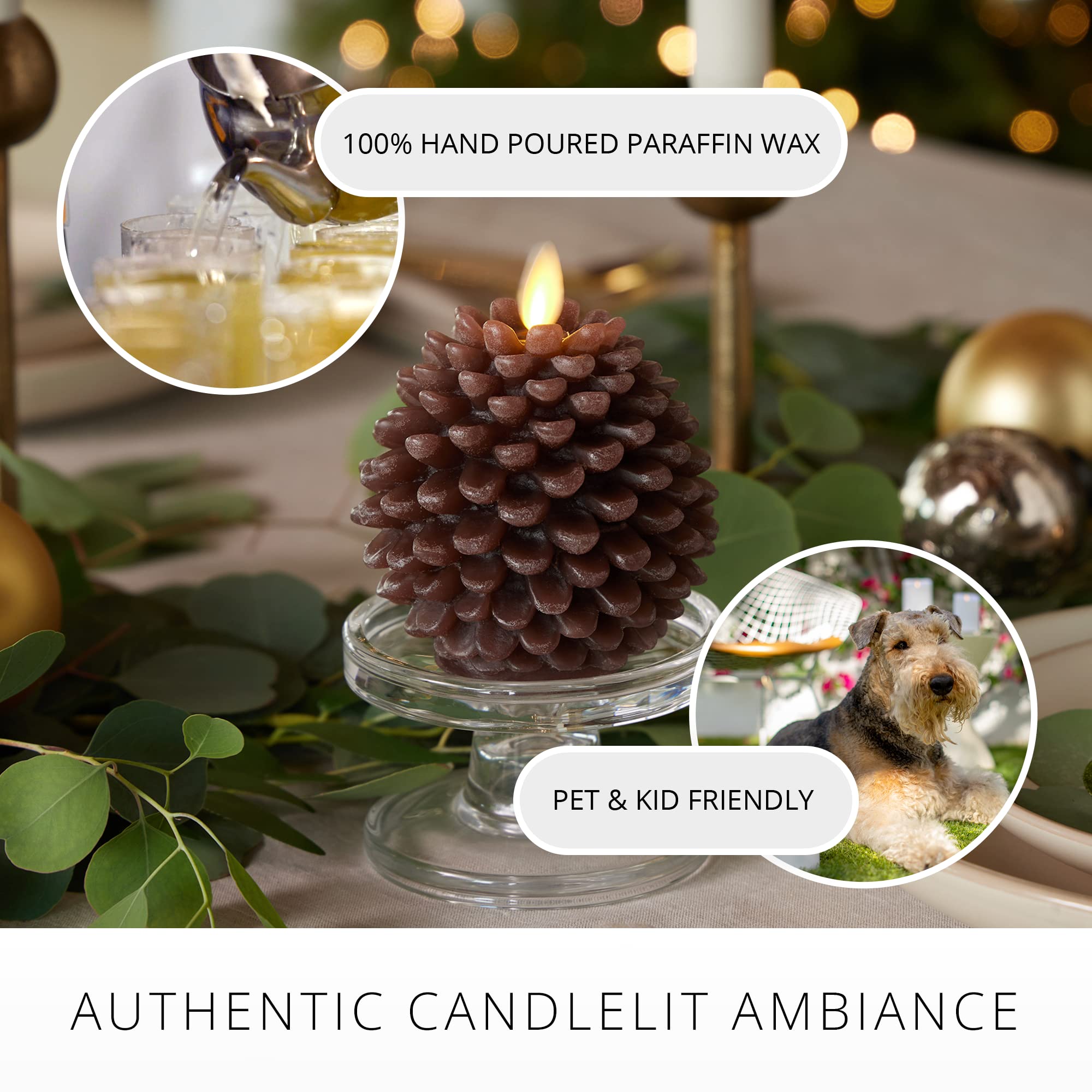 Luminara Pinecone Flameless Candles Chalky Brown Finish Pine Cone Figural, Real Wax Unscented Led Candles, Battery Operated With