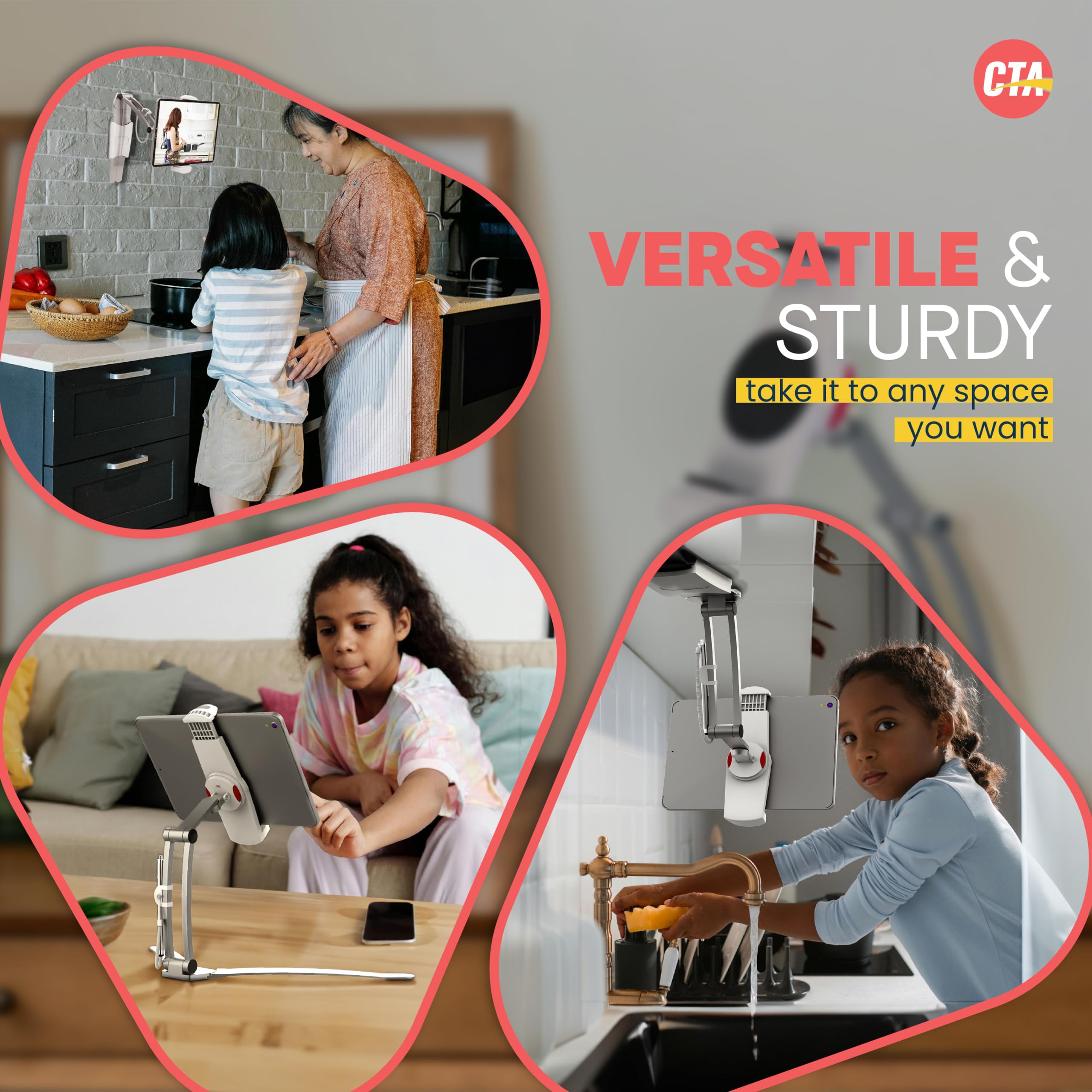 3 In 1 Mount Stand     Cta 3 In 1 Kitchen Mount Stand For Ipad 7Th/ 8Th/ 9Th Gen 10.2   , Ipad Air 4, Ipad Mini 5, 12.9    Ipad