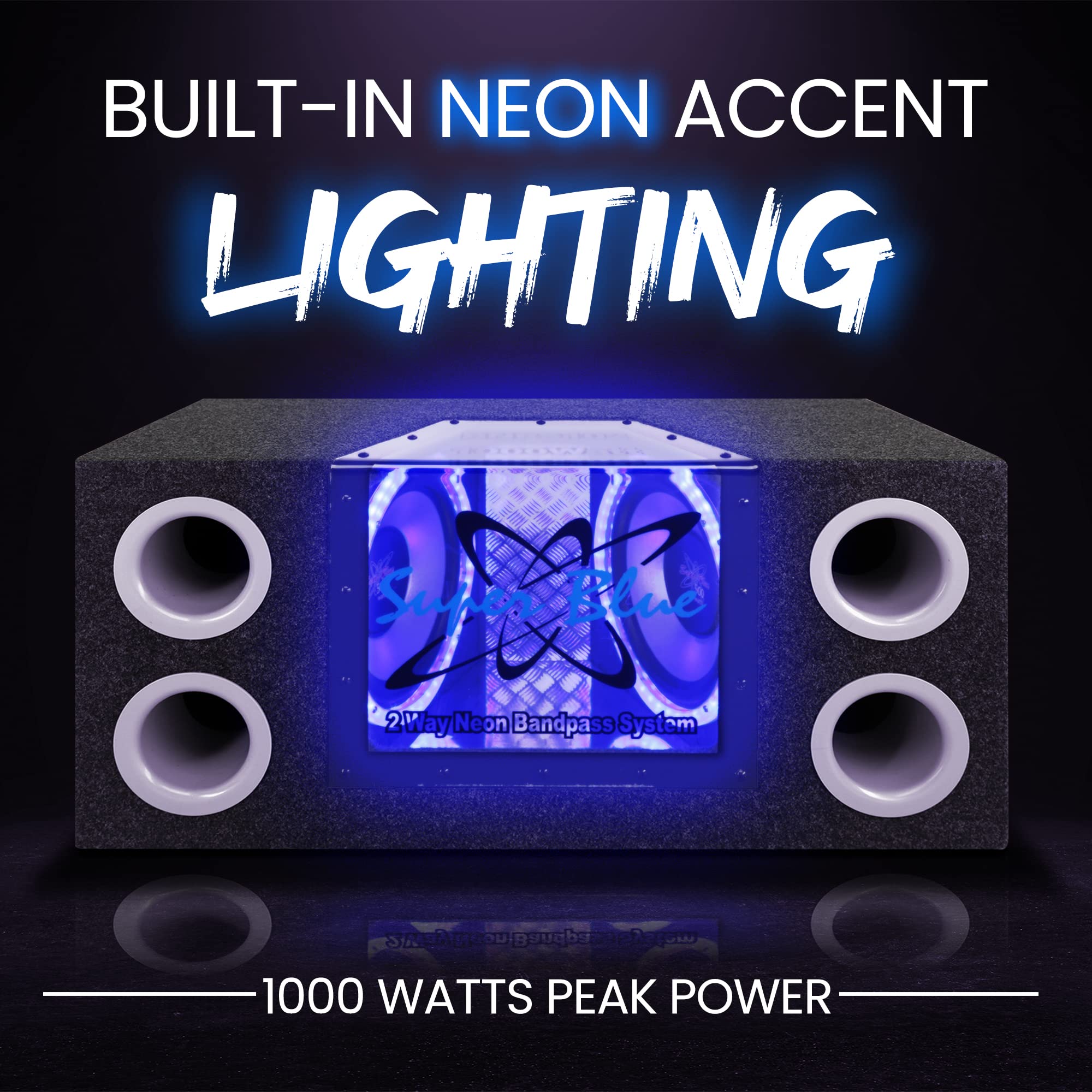 Pyramid 1000W Dual Bandpass Speaker System   Car Audio Subwoofer W/ Neon Accent Lighting, Plexi Glass Front Window, 4 Tuned Port