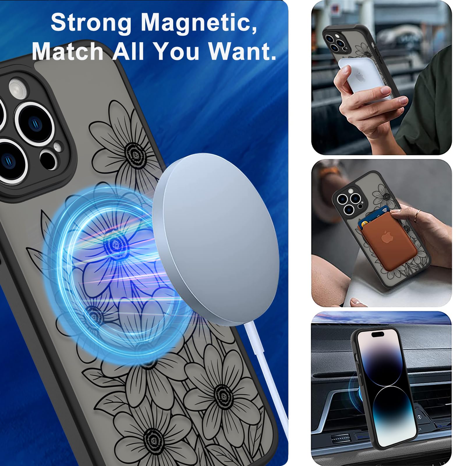 Ook Magnetic For Iphone 14 Pro Max Case Black Flower Sunflower Pattern [Compatible With Magsafe] Slim Translucent Matte Camera L