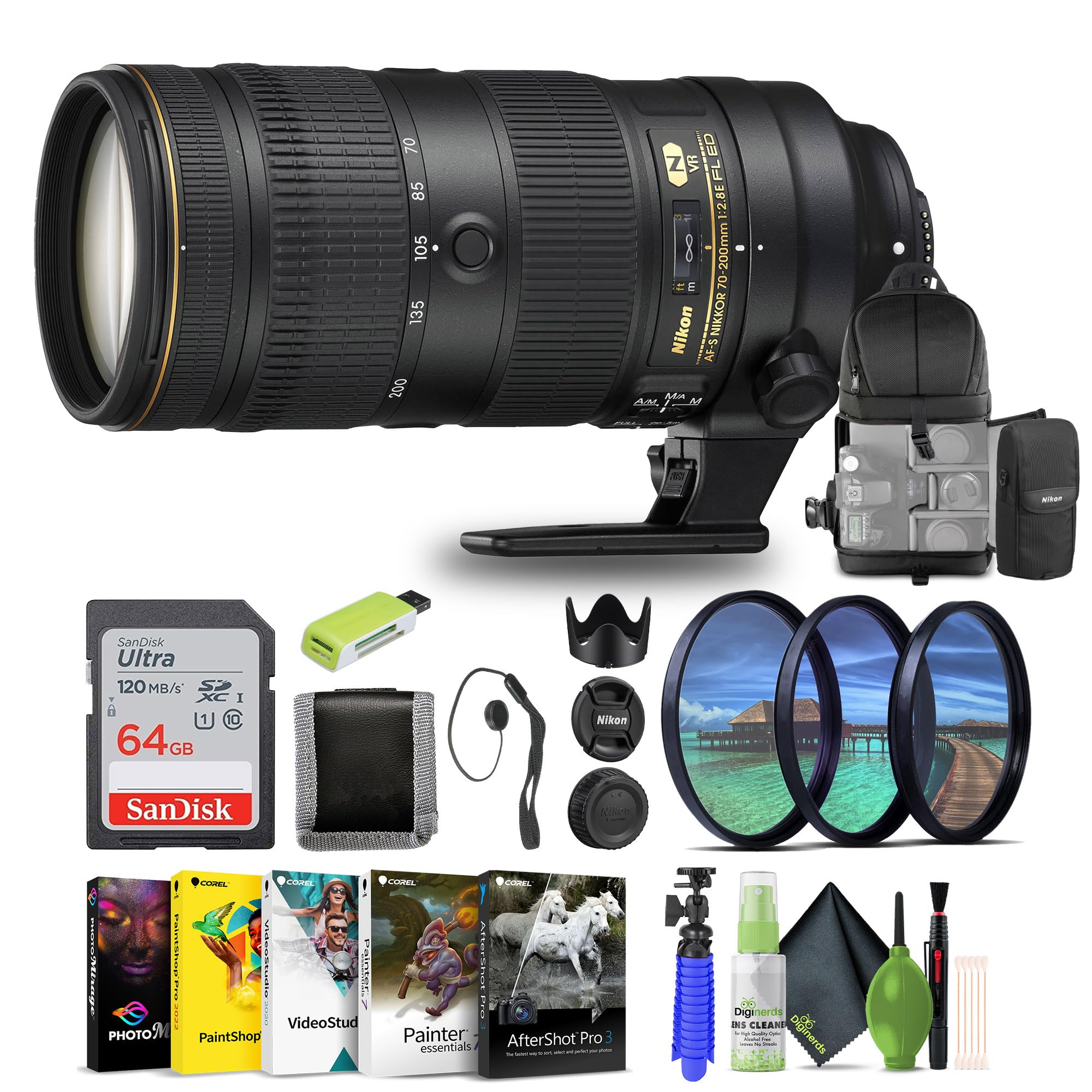 Nikon - AF-S NIKKOR 70-200mm f/2.8G ED VR II Telephoto Zoom Lens (2185) + 64GB Memory Card + Filter Kit + Backpack + Card Reader