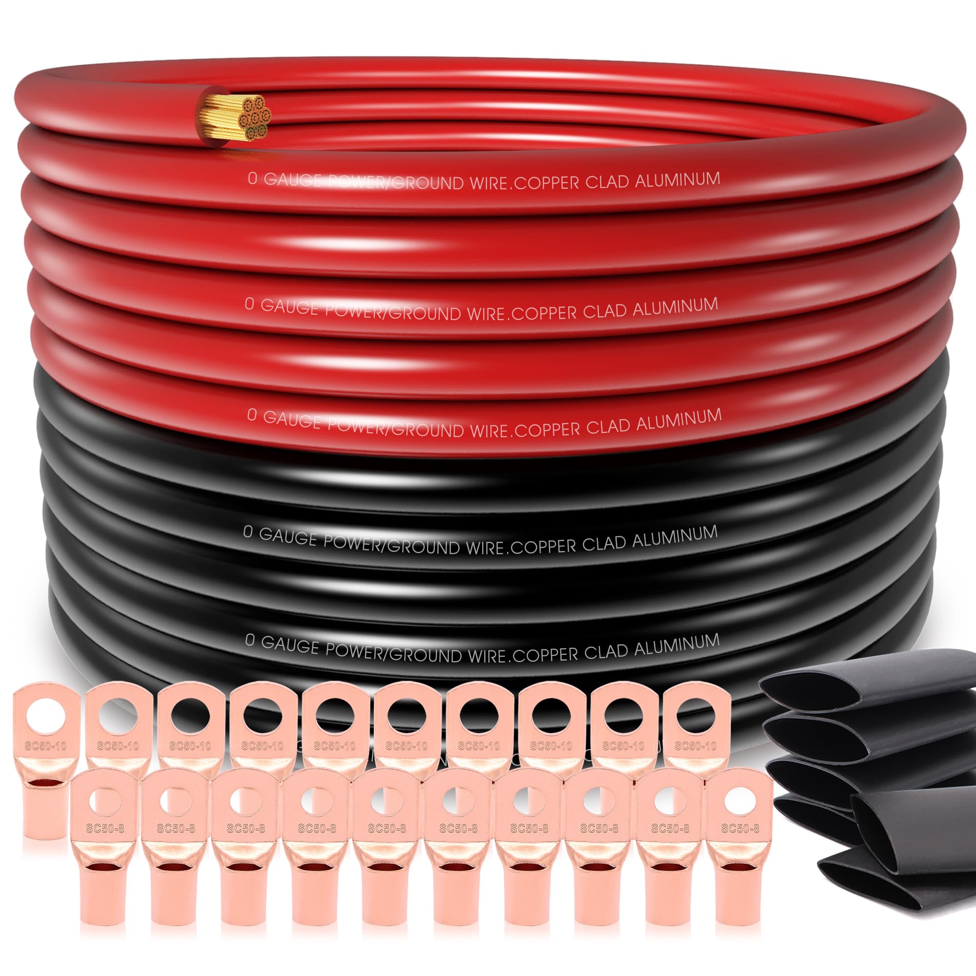 40Ft 1/0 Gauge Wire Copper Clad Aluminum Caa,20Pcs Lugs Terminal Connectors With 3:1Heat Shrink Tube For Power/Auto,Amplifier,Gr