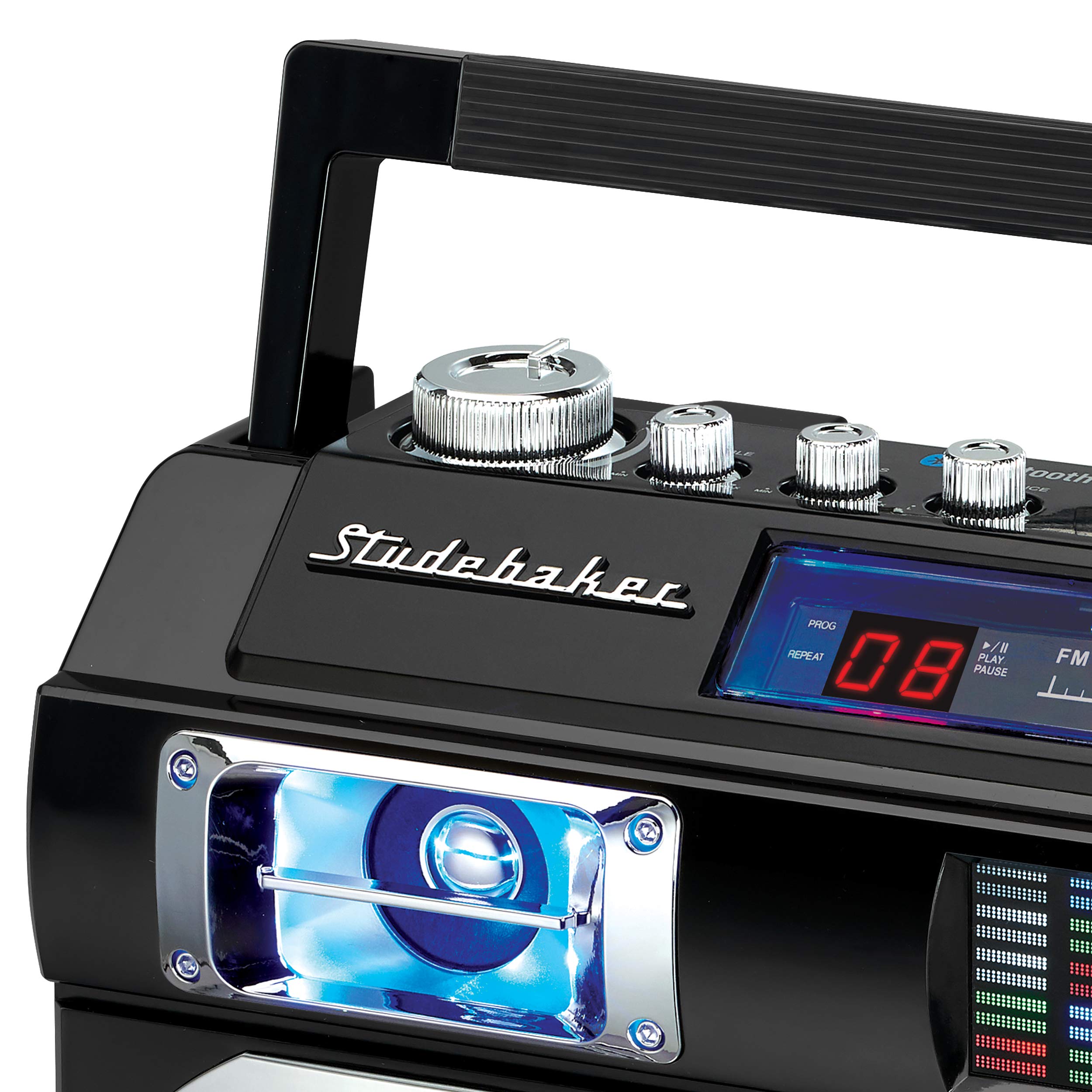 Studebaker Sb2145S 80S Retro Street Bluetooth Boombox With Fm Radio, Cd Player, Led Eq, 10 Watts Rms Power And Ac/Dc In Silver