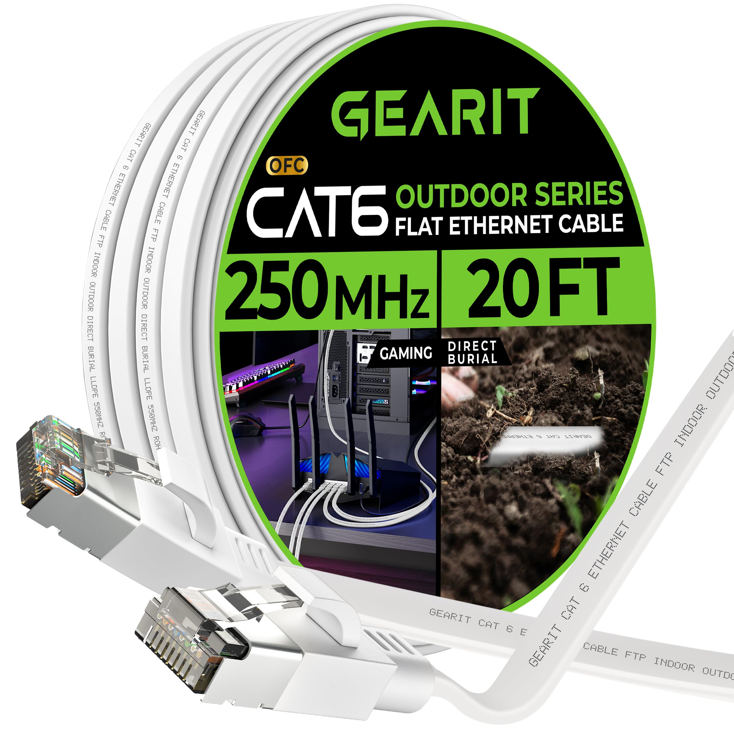 Gearit Cat 6 Outdoor Flat Ethernet Cable (20Ft, White) Direct Burial Rated Lldpe Jacket   Indoor Cat6 Shielded Ftp 10Gbps High S