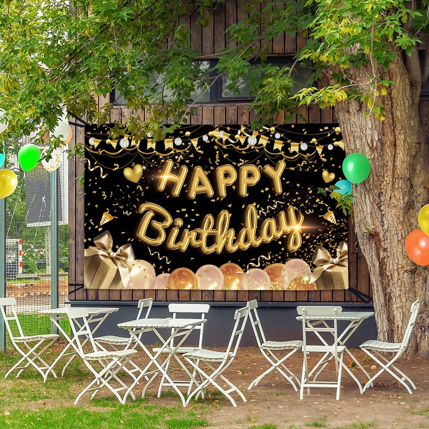Lovyan Happy Birthday Backdrop Banner Extra Large Fabric Black Gold Sign Poster Photo Booth Background For Men Women Birthday An